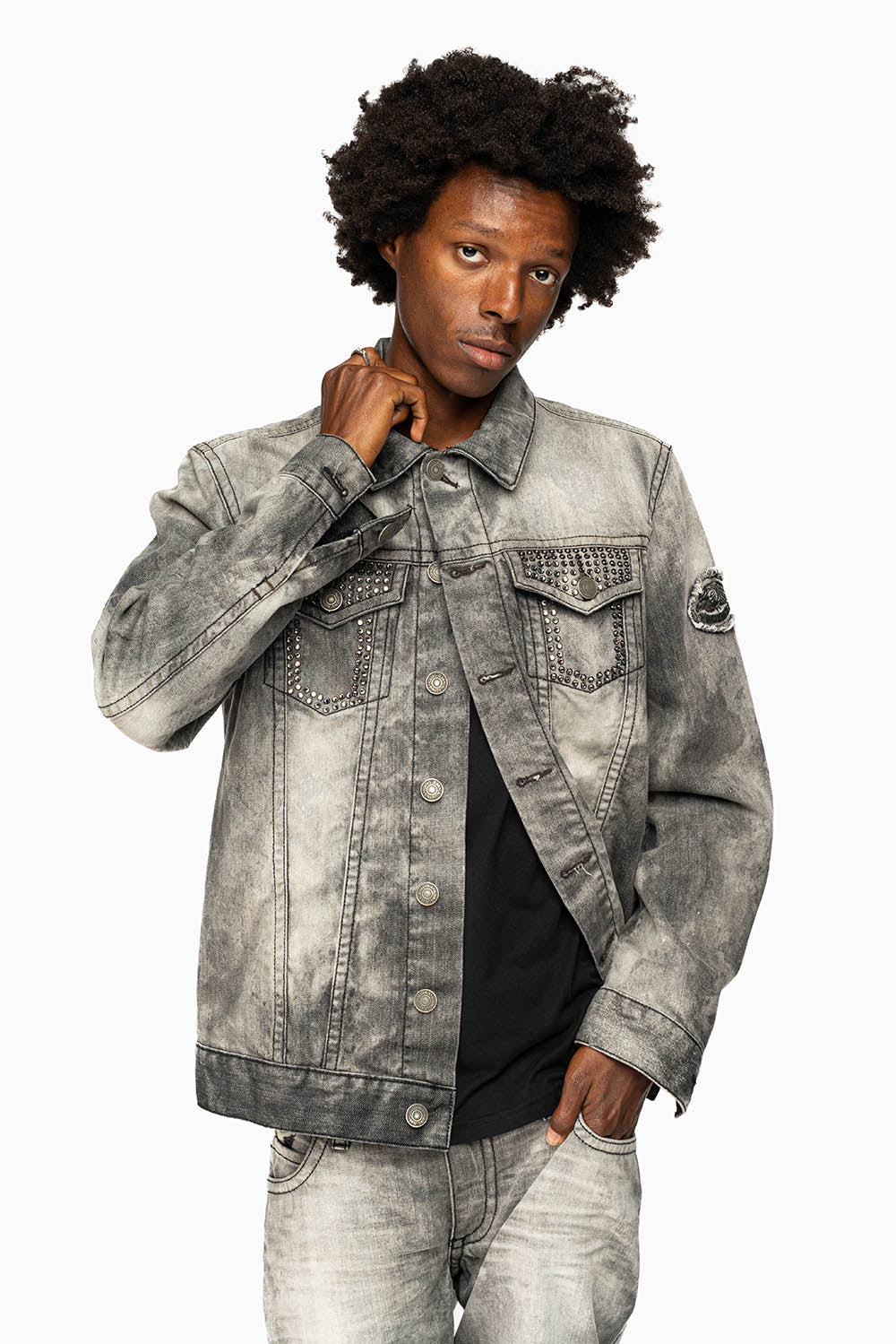 ROBINS MOTORCYCLE CLUB DENIM JACKET IN GREY CHEROKEE WASH EMBELLISHED WITH CRYSTALS