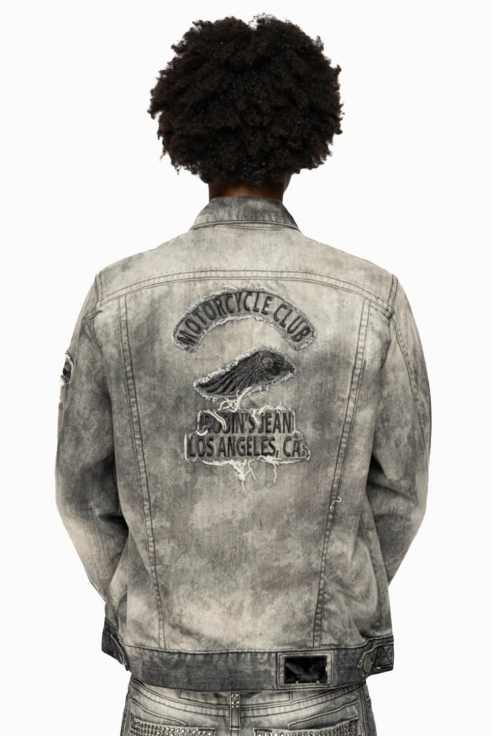 ROBINS MOTORCYCLE CLUB DENIM JACKET IN GREY CHEROKEE WASH EMBELLISHED WITH CRYSTALS - Image 3