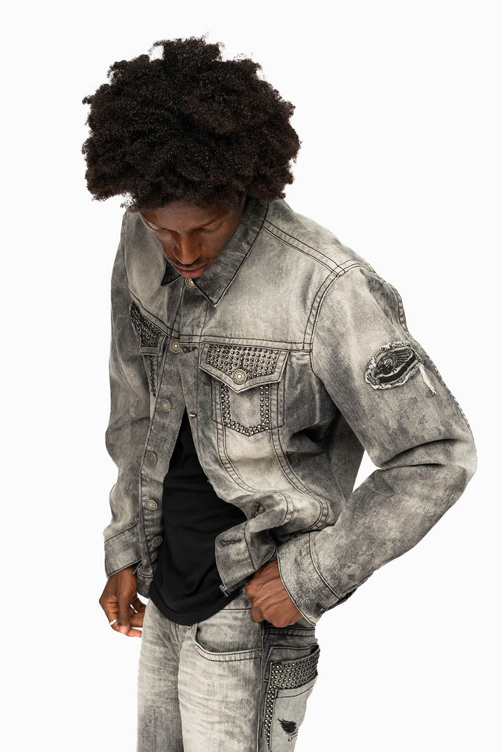 ROBINS MOTORCYCLE CLUB DENIM JACKET IN GREY CHEROKEE WASH EMBELLISHED WITH CRYSTALS - Image 4