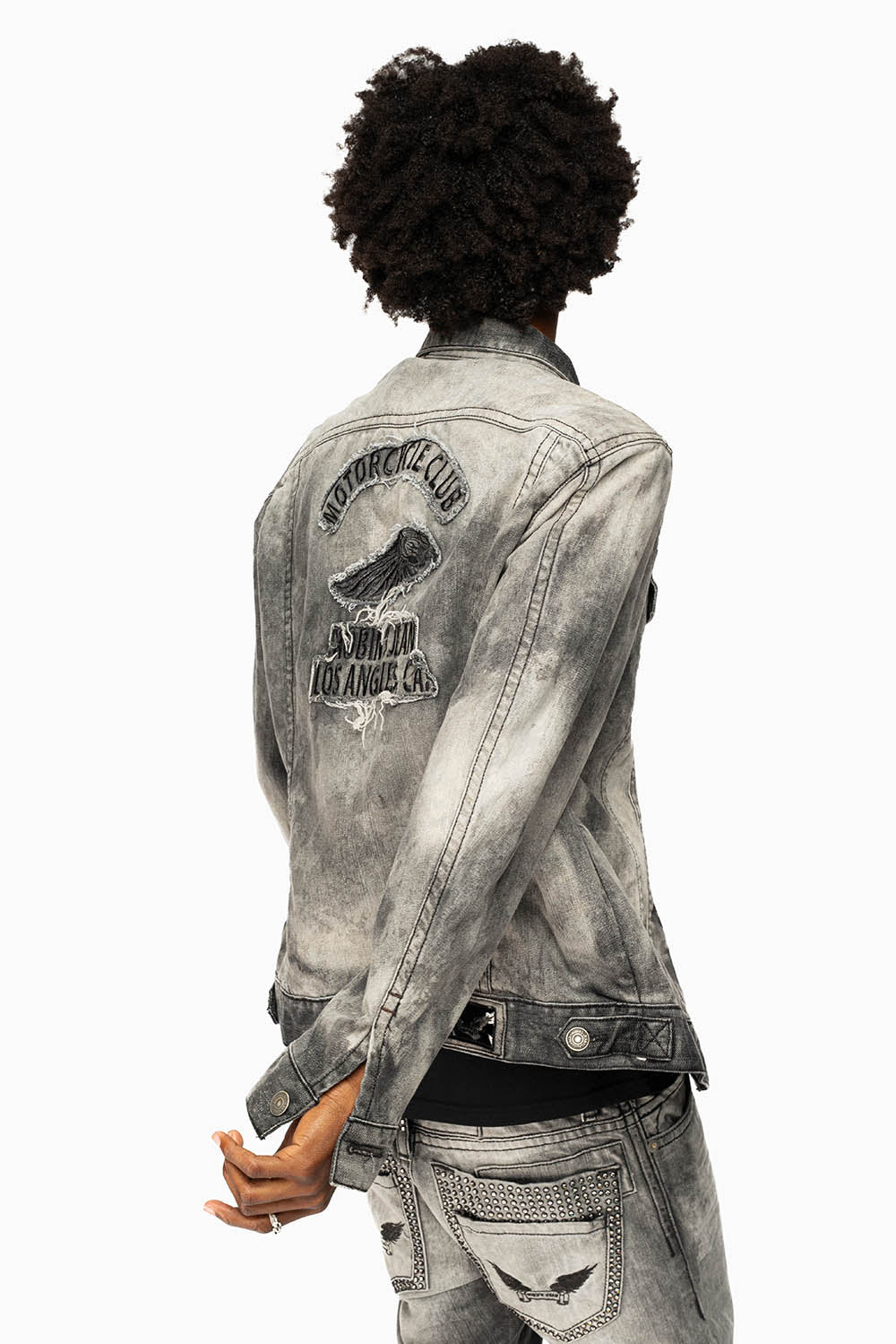ROBINS MOTORCYCLE CLUB DENIM JACKET IN GREY CHEROKEE WASH EMBELLISHED WITH CRYSTALS - Image 5