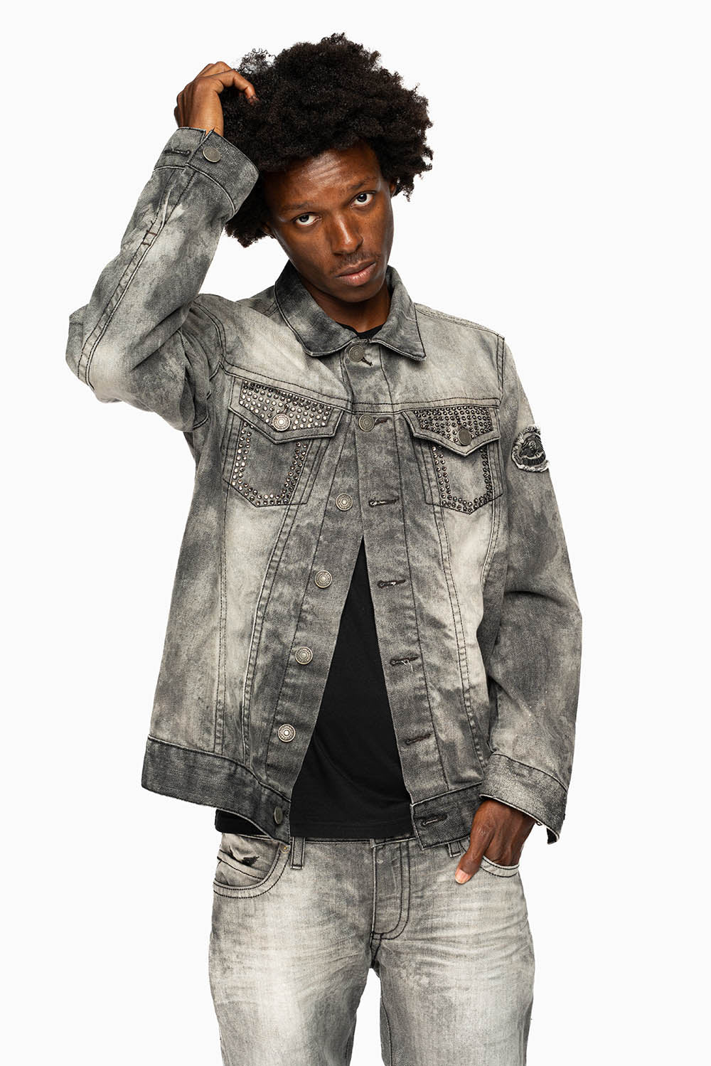 ROBINS MOTORCYCLE CLUB DENIM JACKET IN GREY CHEROKEE WASH EMBELLISHED WITH CRYSTALS - Image 6
