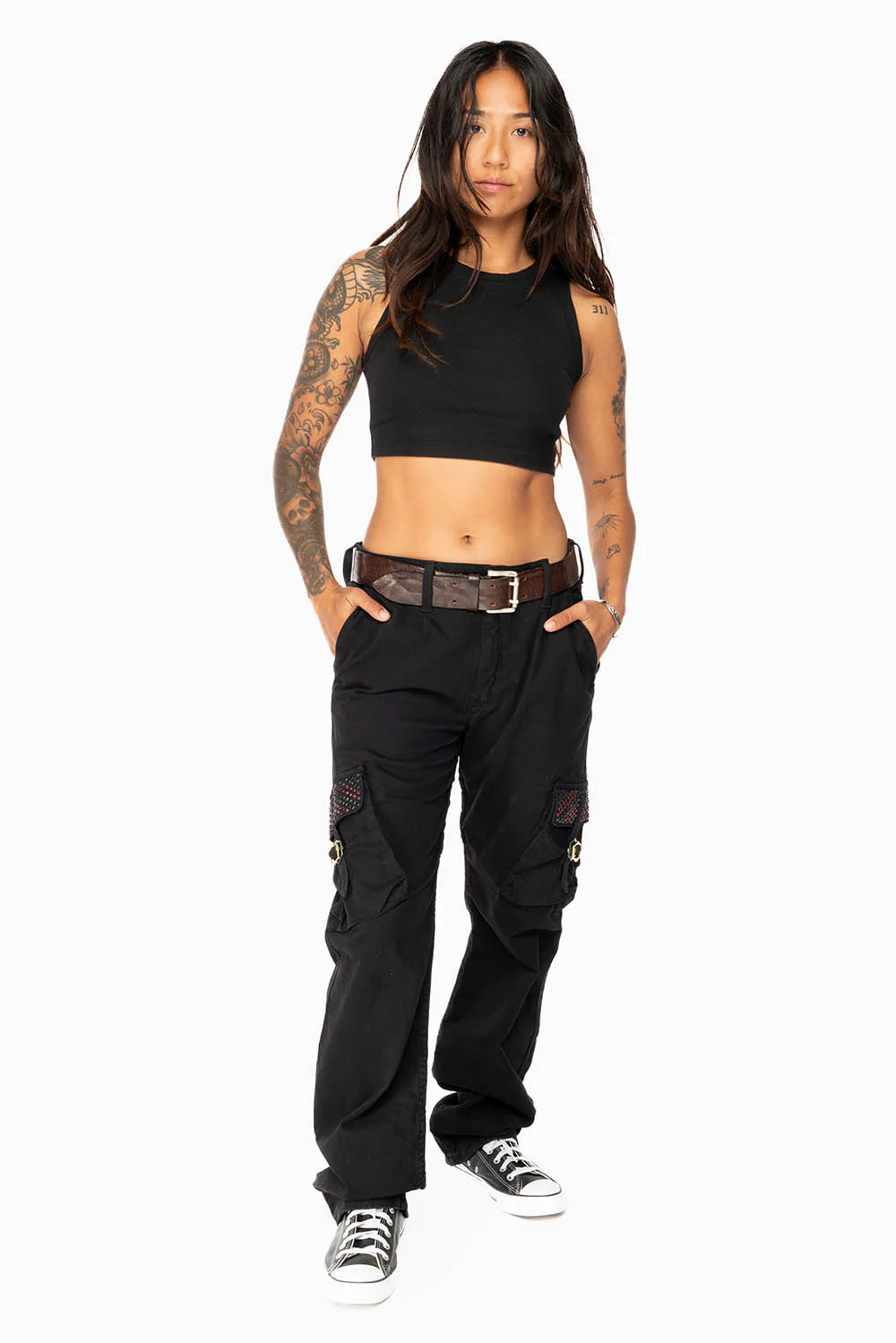 ROBINS NEW MILITARY STYLE CARGO PANTS IN BLACK WITH JET BLK AND RED CRYSTALS - Image 3