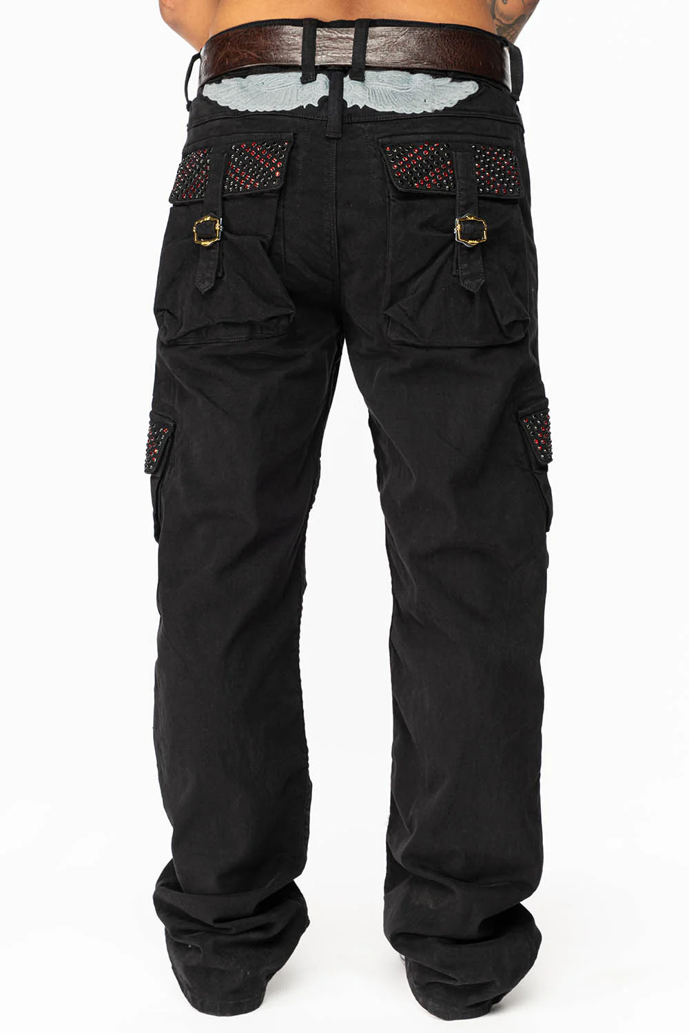 ROBINS NEW MILITARY STYLE CARGO PANTS IN BLACK WITH JET BLK AND RED CRYSTALS - Image 4