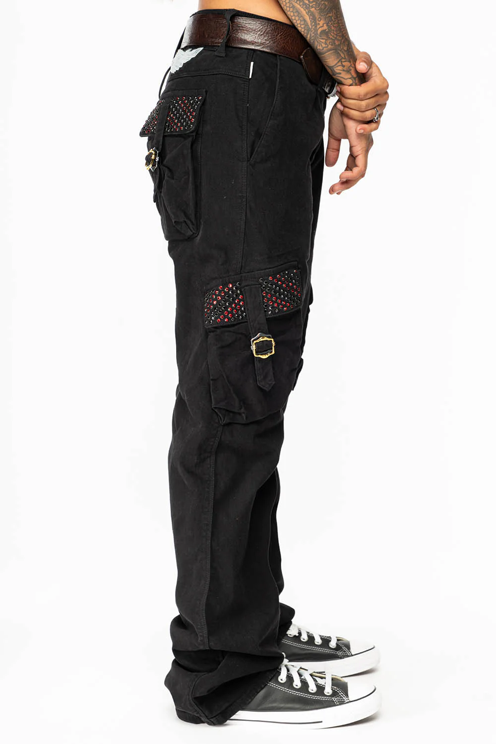 ROBINS NEW MILITARY STYLE CARGO PANTS IN BLACK WITH JET BLK AND RED CRYSTALS - Image 5