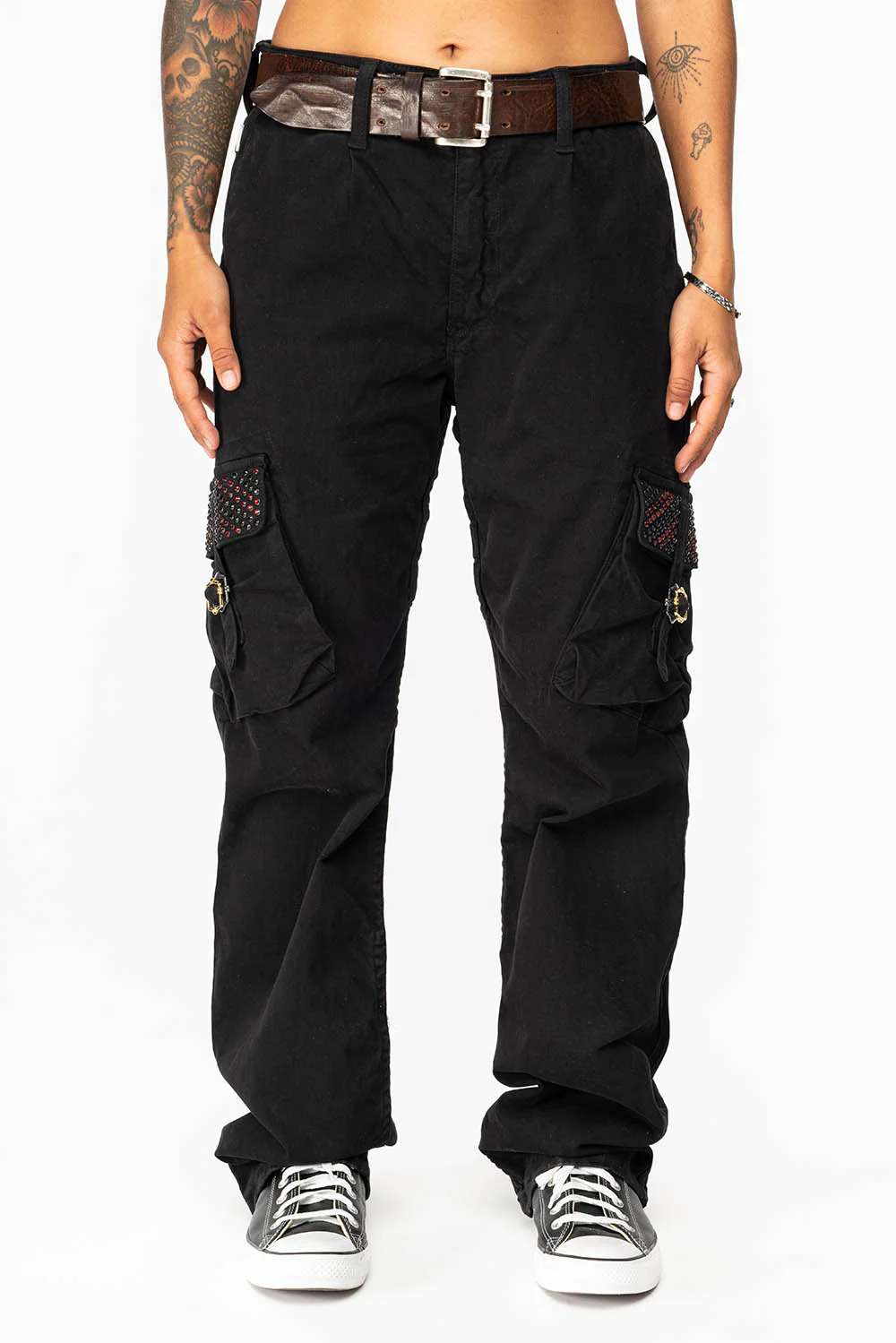 ROBINS NEW MILITARY STYLE CARGO PANTS IN BLACK WITH JET BLK AND RED CRYSTALS - Image 6