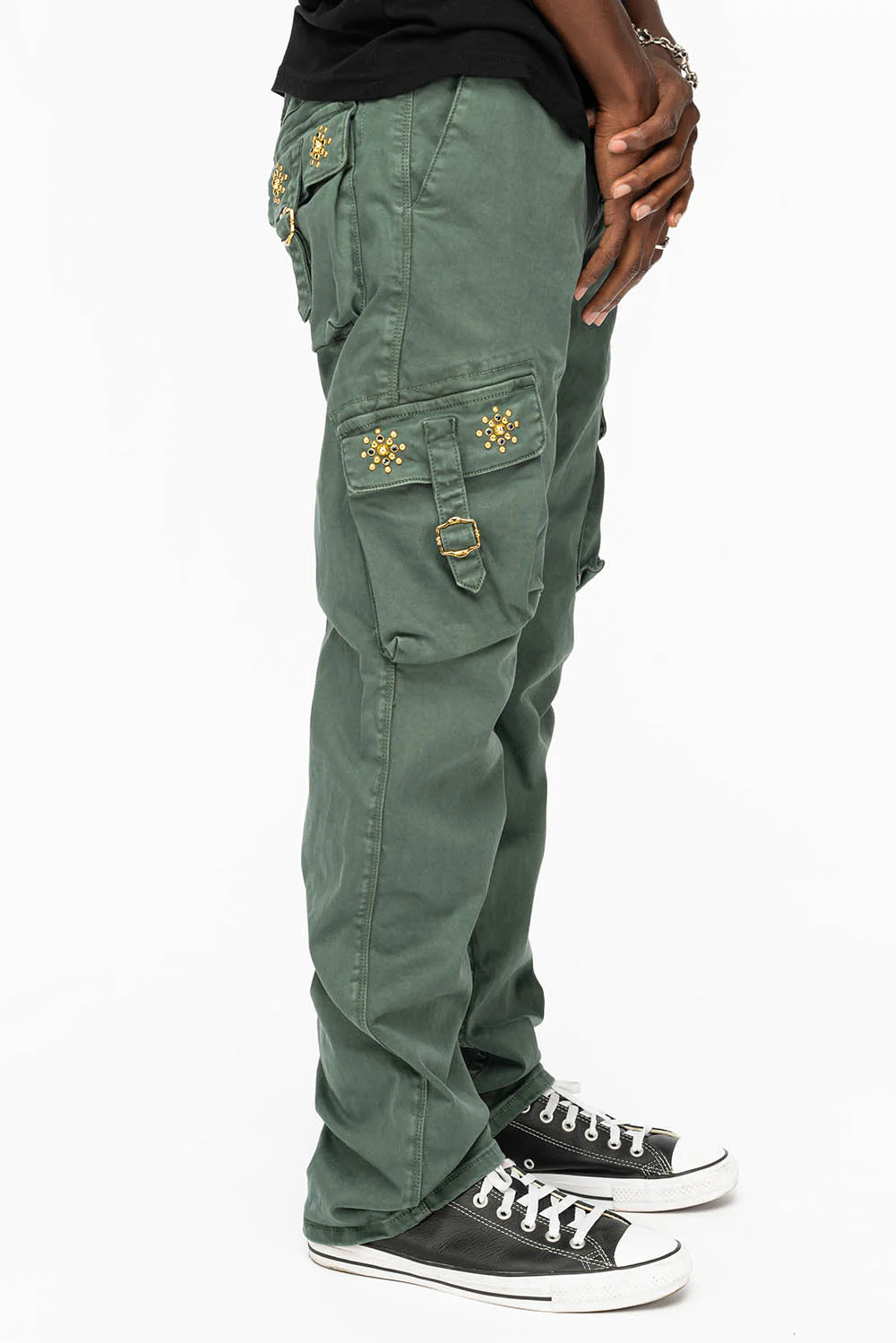 ROBINS NEW MILITARY STYLE CARGO PANTS IN FOREST WASH WITH GUNSLINGER CRYSTAL MOTIF - Image 4