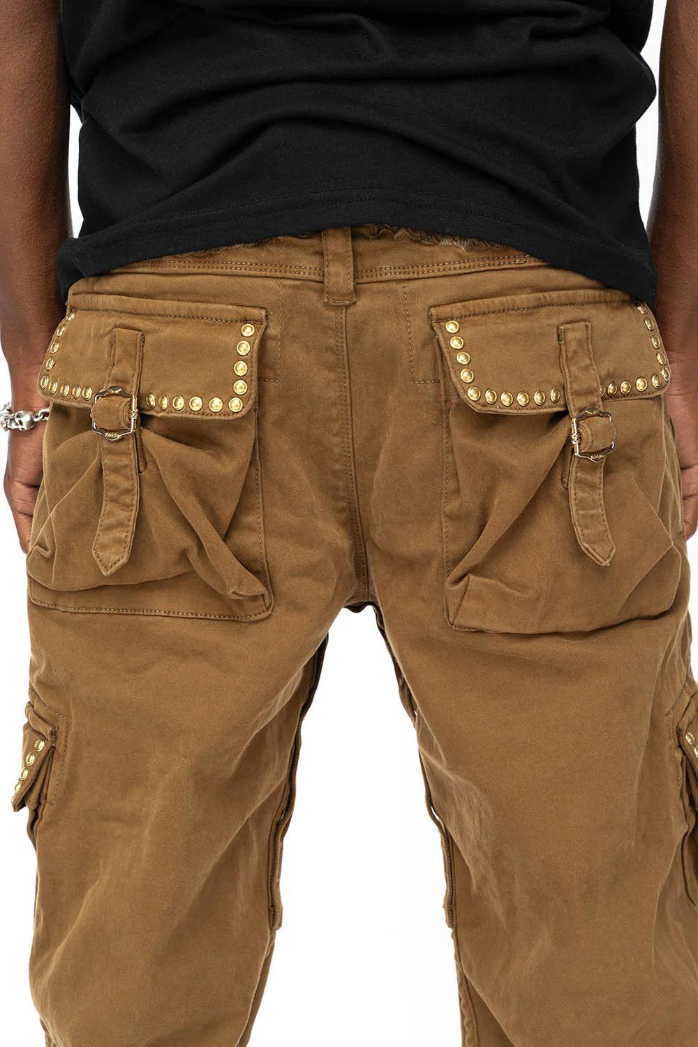 ROBINS NEW MILITARY STYLE CARGO PANTS IN KANGAROO COLOR WASH WITH NAILHEADS - Image 3