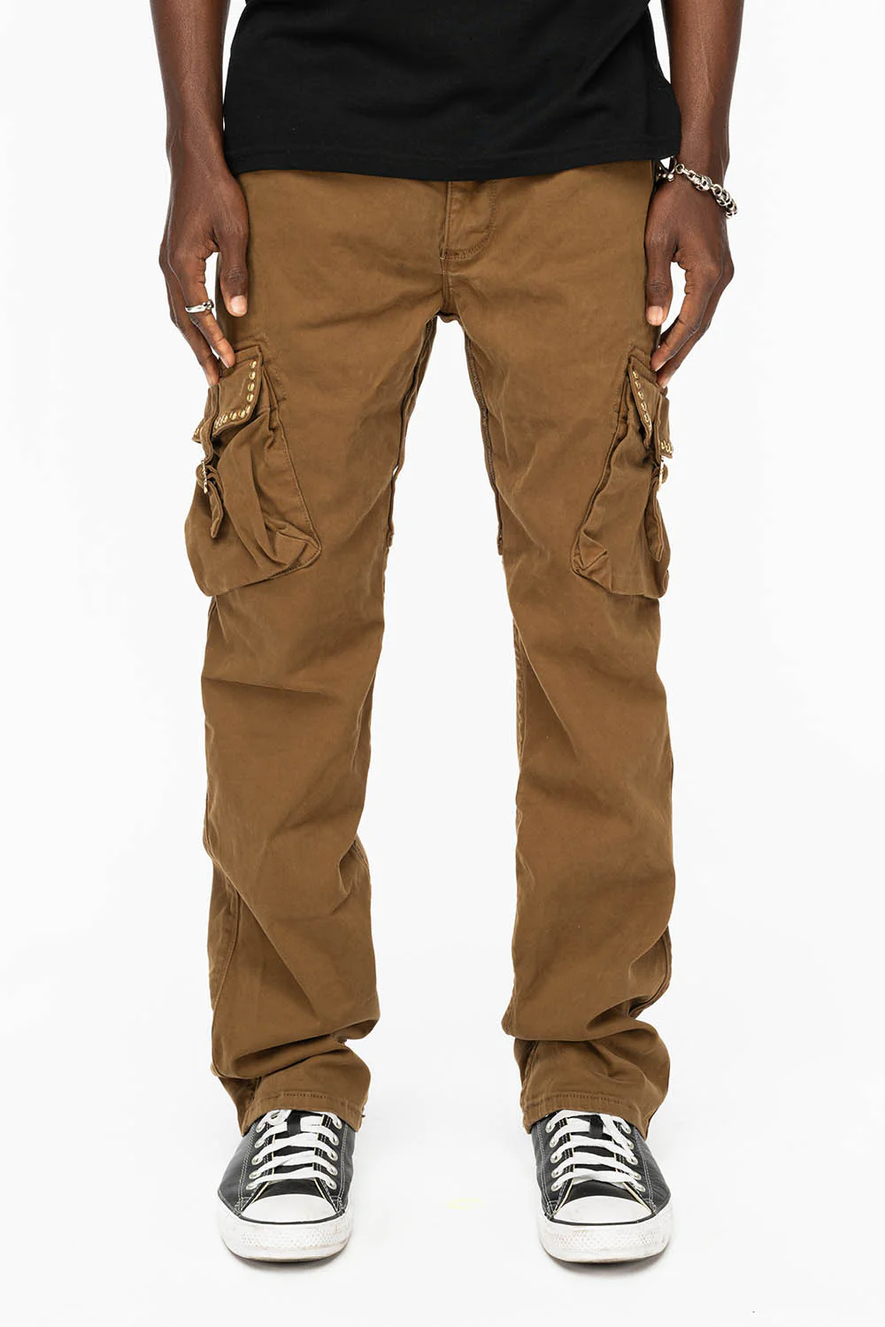 ROBINS NEW MILITARY STYLE CARGO PANTS IN KANGAROO COLOR WASH WITH NAILHEADS - Image 4