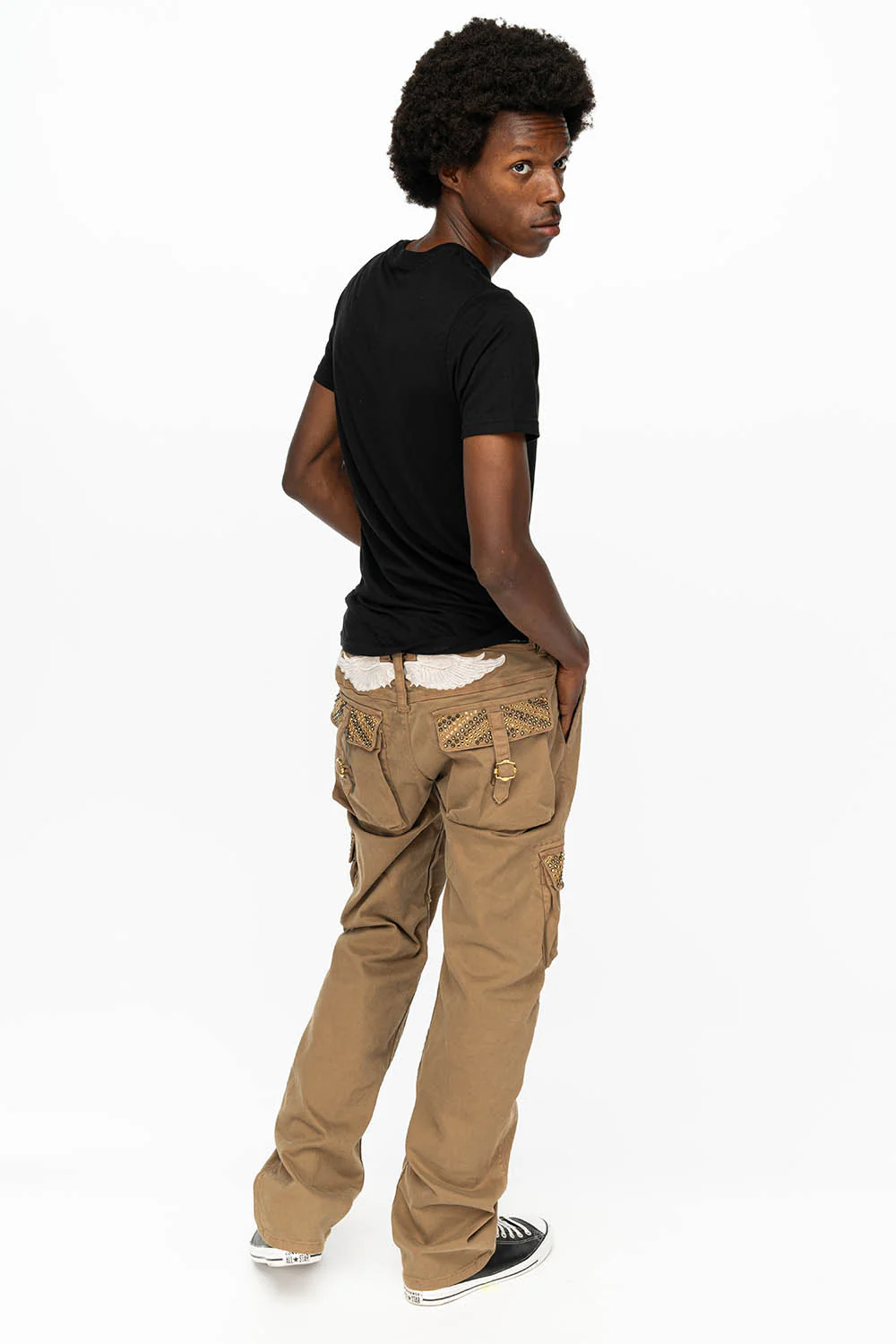 ROBINS NEW MILITARY STYLE CARGO PANTS IN KHAKI WITH AURUM AND SMOKY TOPAZ CRYSTALS - Image 3
