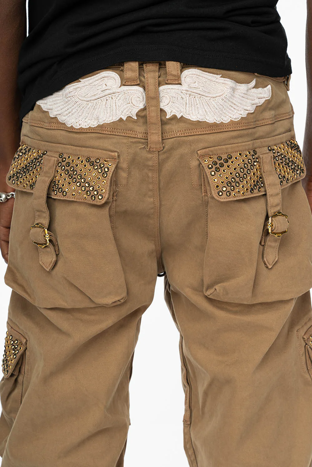 ROBINS NEW MILITARY STYLE CARGO PANTS IN KHAKI WITH AURUM AND SMOKY TOPAZ CRYSTALS - Image 4