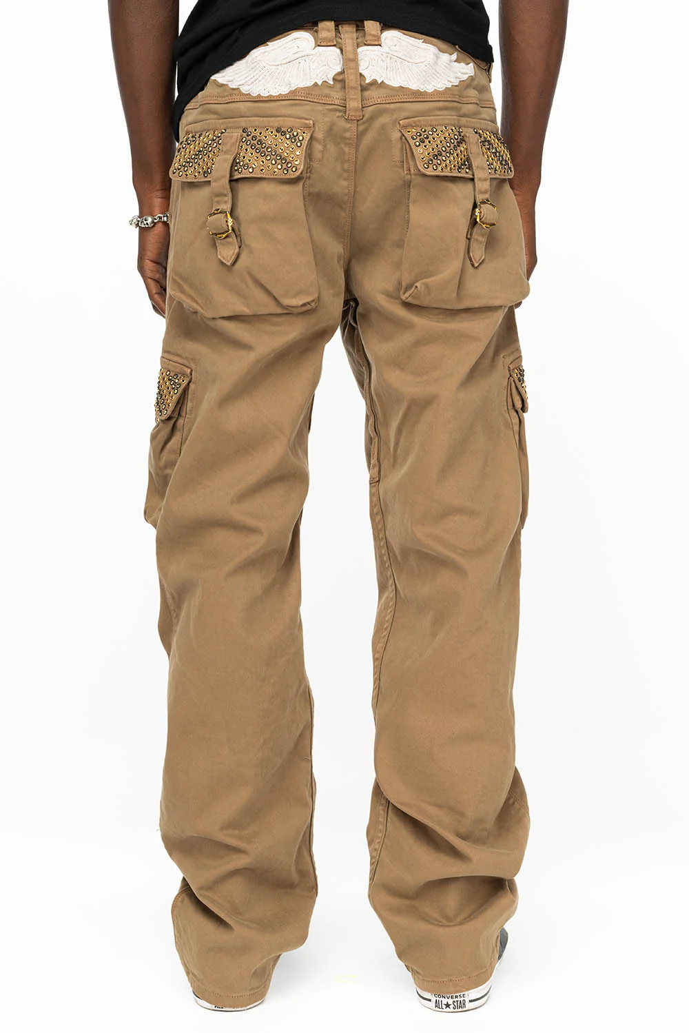 ROBINS NEW MILITARY STYLE CARGO PANTS IN KHAKI WITH AURUM AND SMOKY TOPAZ CRYSTALS - Image 5