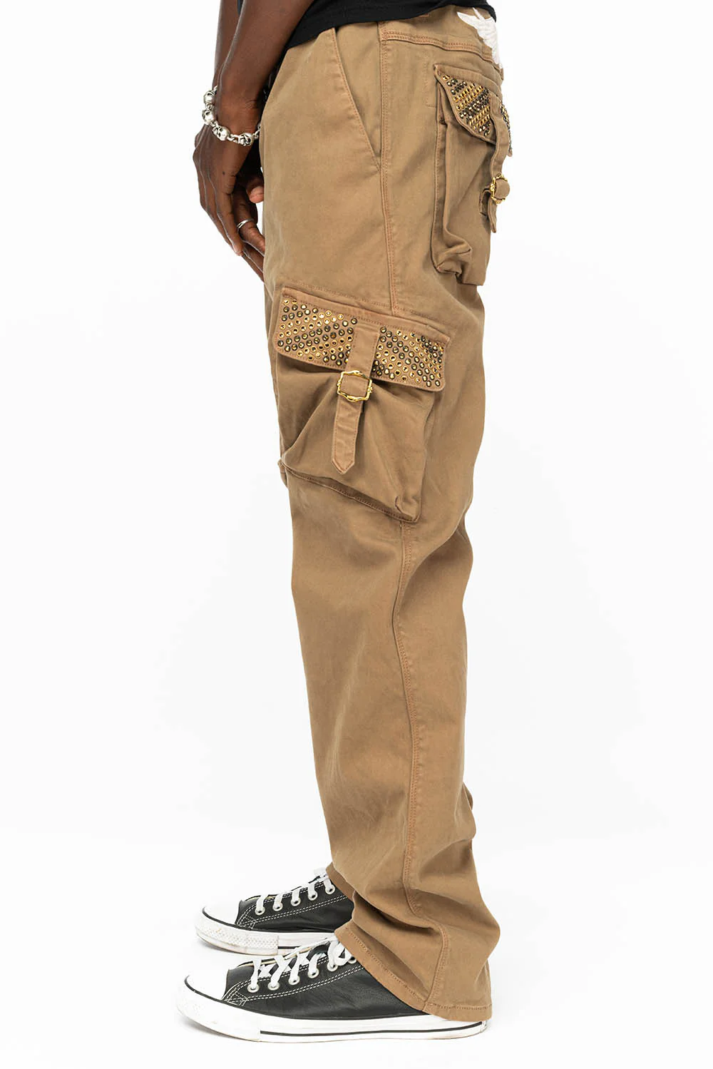 ROBINS NEW MILITARY STYLE CARGO PANTS IN KHAKI WITH AURUM AND SMOKY TOPAZ CRYSTALS - Image 6