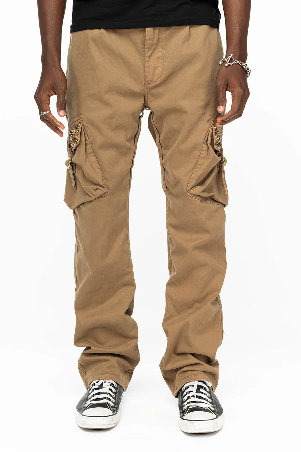 ROBINS NEW MILITARY STYLE CARGO PANTS IN KHAKI WITH AURUM AND SMOKY TOPAZ CRYSTALS - Image 7