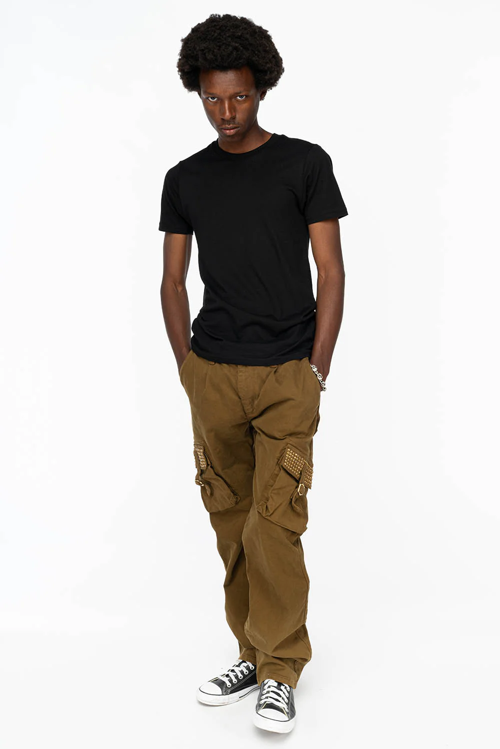 ROBINS NEW MILITARY STYLE CARGO PANTS IN OLIVE WITH SMOKY TOPAZ CRYSTALS - Image 3