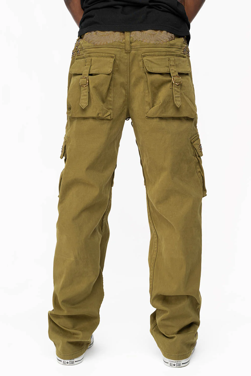 ROBINS NEW MILITARY STYLE CARGO PANTS IN OLIVE  WITH WESTERN CRYSTAL MOTIF - Image 3