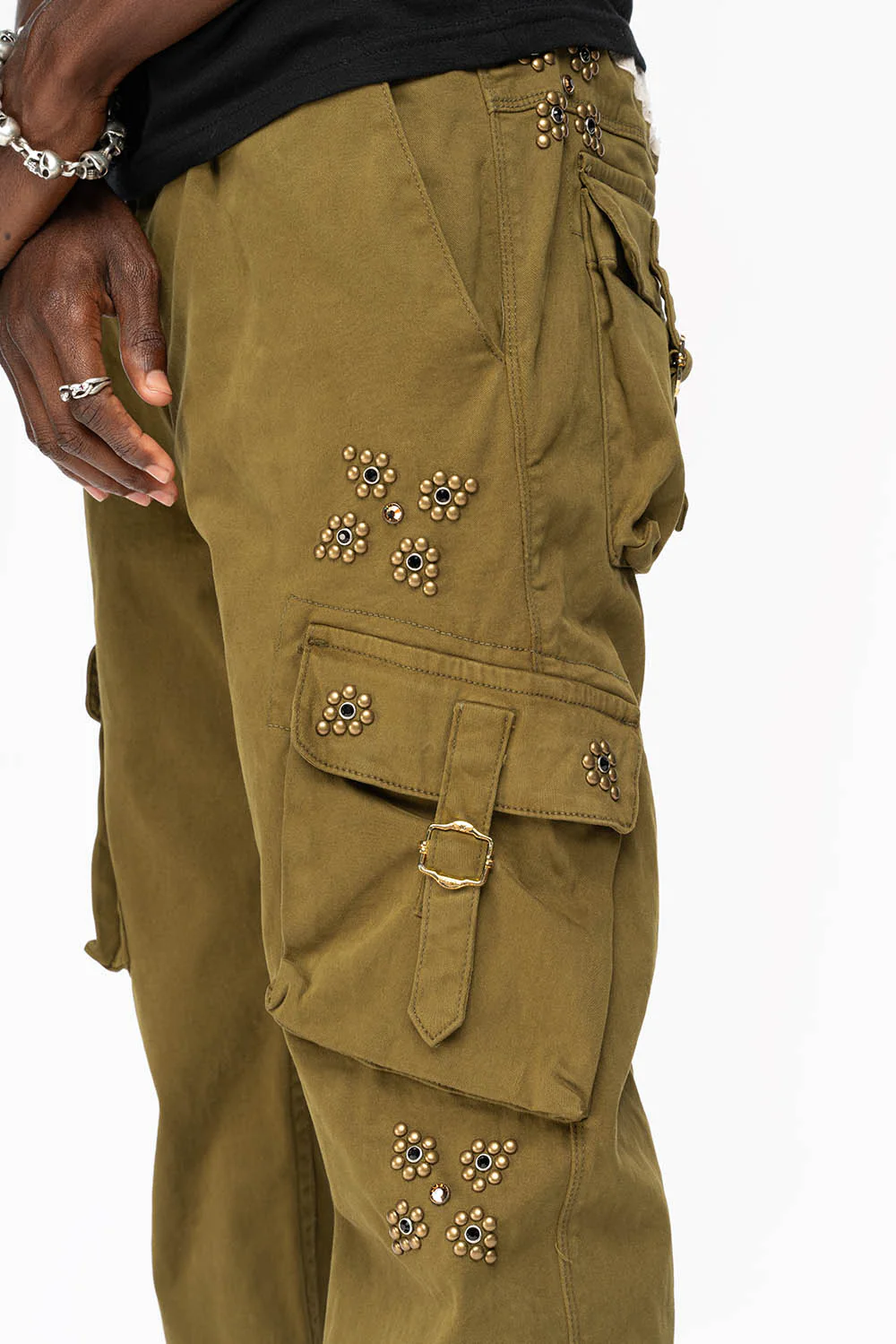 ROBINS NEW MILITARY STYLE CARGO PANTS IN OLIVE  WITH WESTERN CRYSTAL MOTIF - Image 4