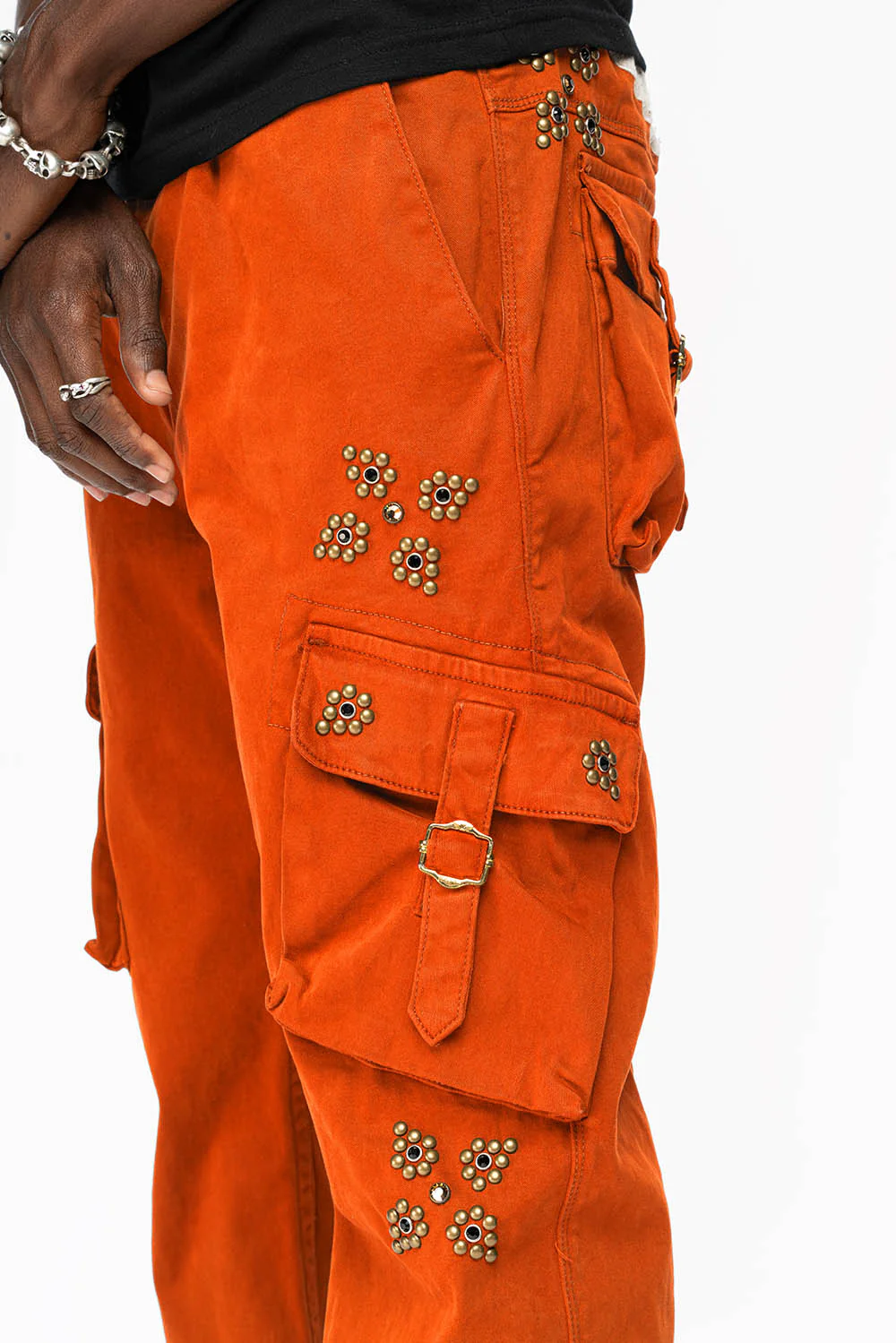 ROBINS NEW MILITARY STYLE CARGO PANTS IN ORANGE  WITH WESTERN CRYSTAL MOTIF - Image 4