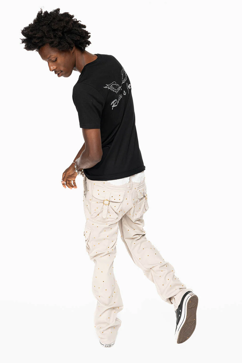 ROBINS NEW MILITARY STYLE CARGO PANTS IN STONE COLOR WASH EMBELLISHED ALLOVER WITH CRYSTALS - Image 5