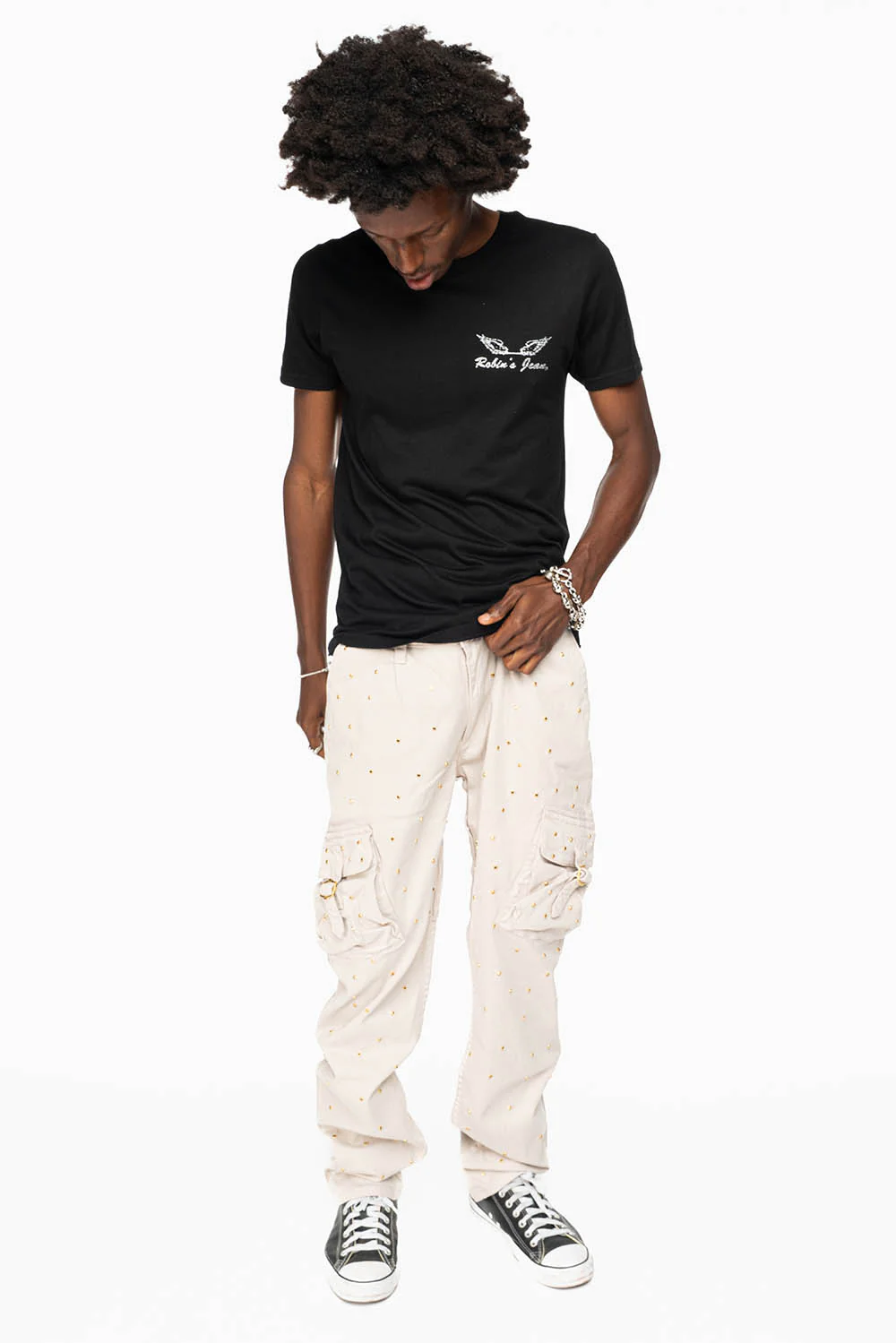 ROBINS NEW MILITARY STYLE CARGO PANTS IN STONE COLOR WASH EMBELLISHED ALLOVER WITH CRYSTALS - Image 8