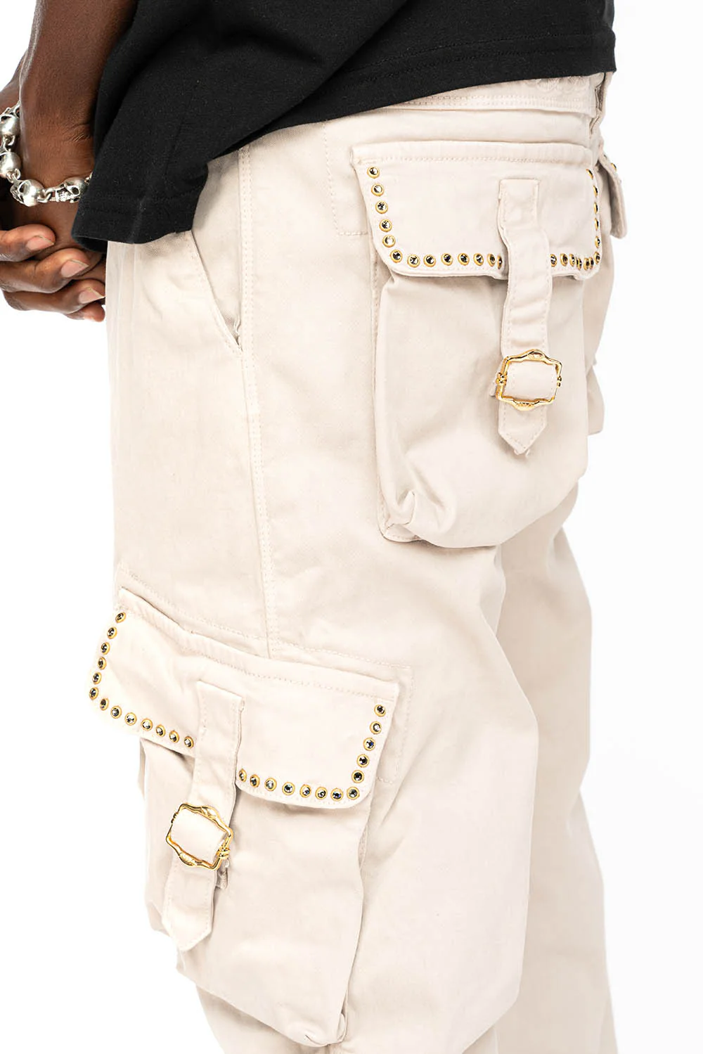 ROBINS NEW MILITARY STYLE CARGO PANTS IN STONE COLOR WASH WITH  BLACK DIAMOND CRYSTALS - Image 3