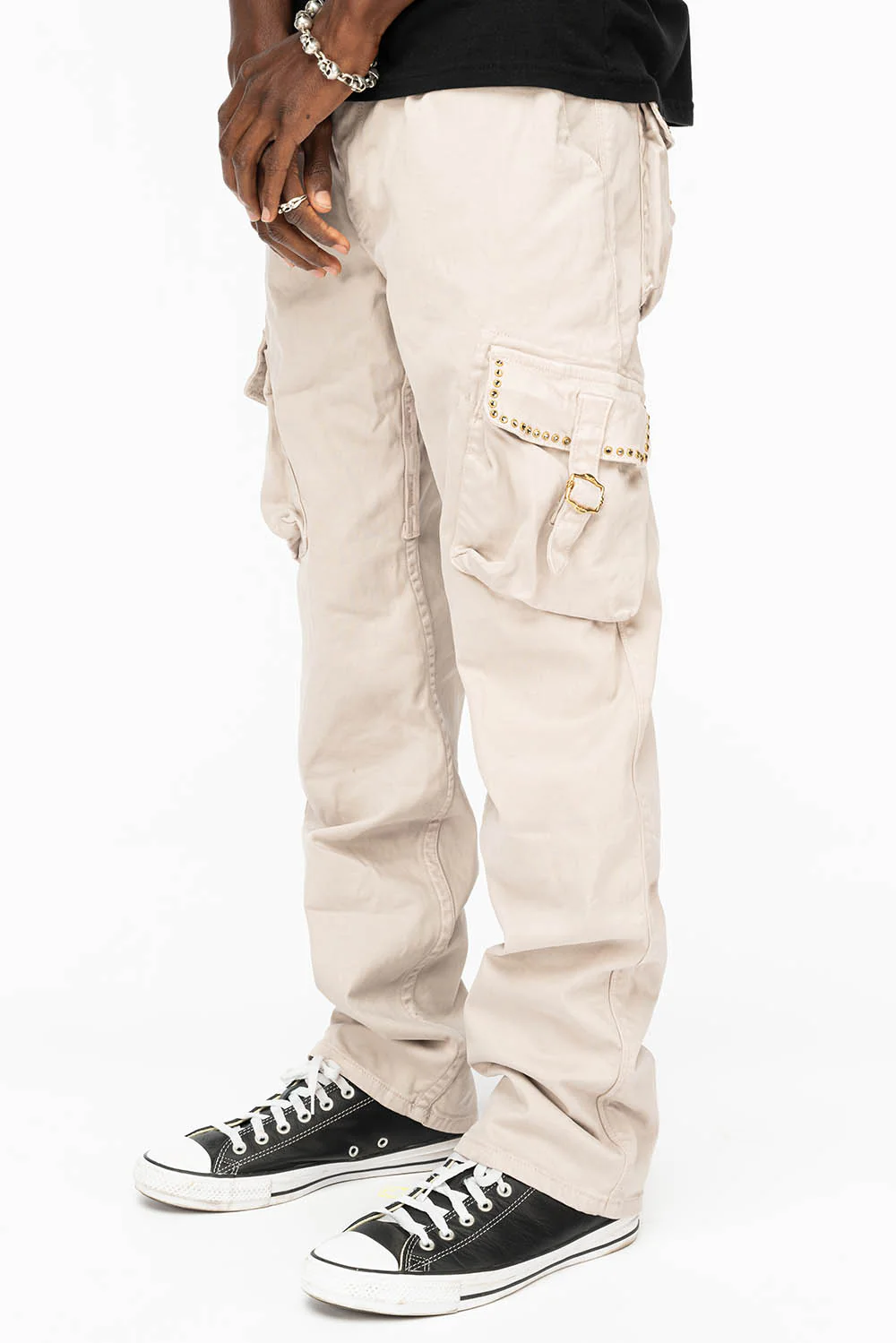 ROBINS NEW MILITARY STYLE CARGO PANTS IN STONE COLOR WASH WITH  BLACK DIAMOND CRYSTALS - Image 4