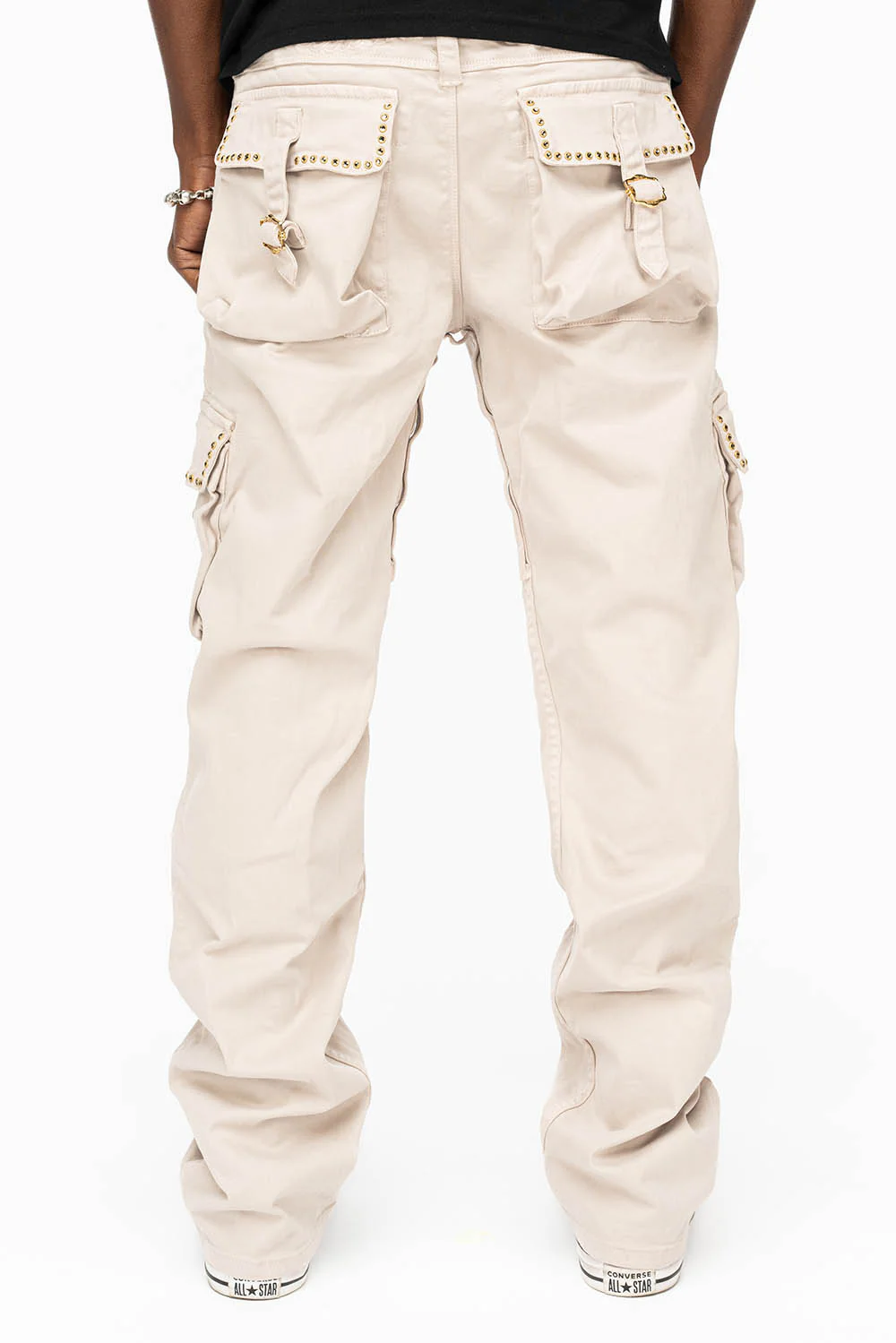 ROBINS NEW MILITARY STYLE CARGO PANTS IN STONE COLOR WASH WITH  BLACK DIAMOND CRYSTALS - Image 5