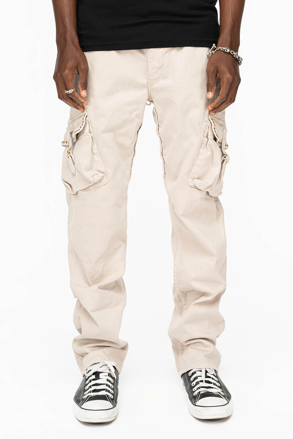 ROBINS NEW MILITARY STYLE CARGO PANTS IN STONE COLOR WASH WITH  BLACK DIAMOND CRYSTALS - Image 6