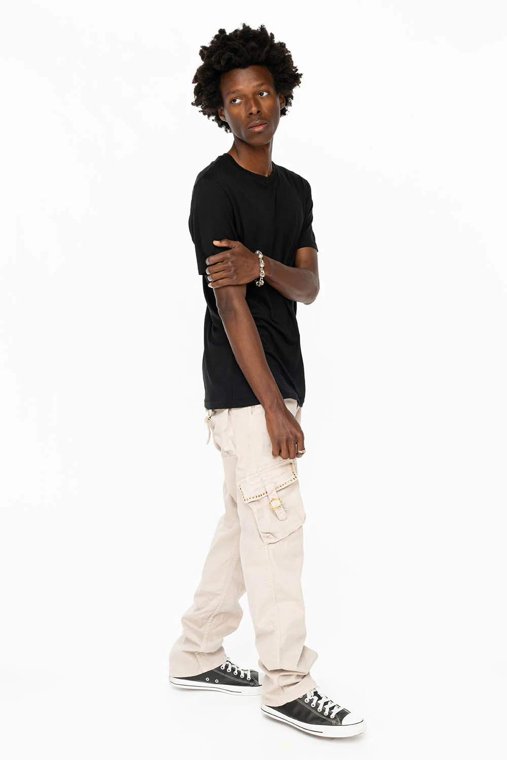 ROBINS NEW MILITARY STYLE CARGO PANTS IN STONE COLOR WASH WITH  BLACK DIAMOND CRYSTALS - Image 7