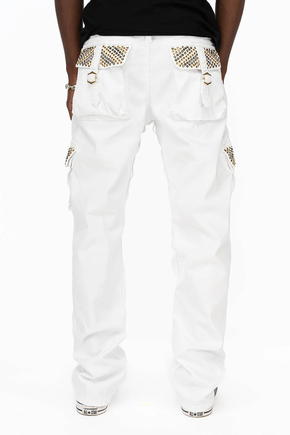 ROBINS NEW MILITARY STYLE CARGO PANTS IN WHITE WITH BLK DIAMOND AND AURUM CRYSTALS - Image 7