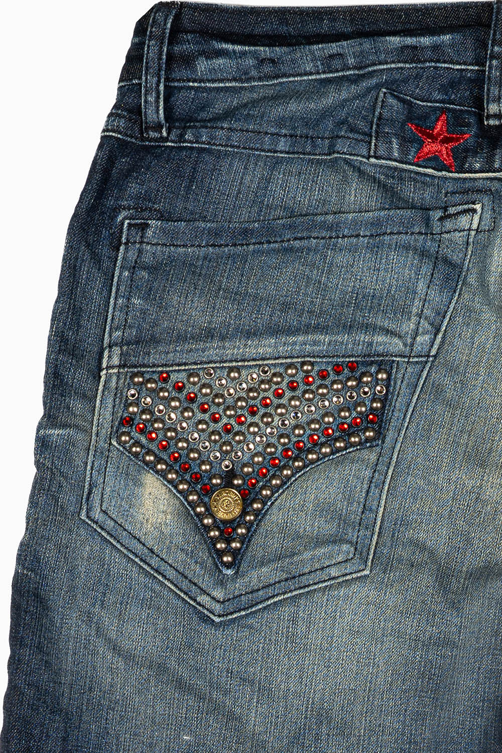 ROBINS RED LABEL LONG FLAP SLIM JEANS IN 5D DARK BROKEN WASH WITH RED & BLUE CRYSTALS AND NAILHEAD - Image 2