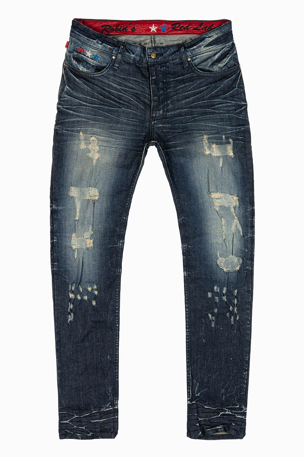 ROBINS RED LABEL LONG FLAP SLIM JEANS IN 5D DARK BROKEN WASH WITH RED & BLUE CRYSTALS AND NAILHEAD - Image 3