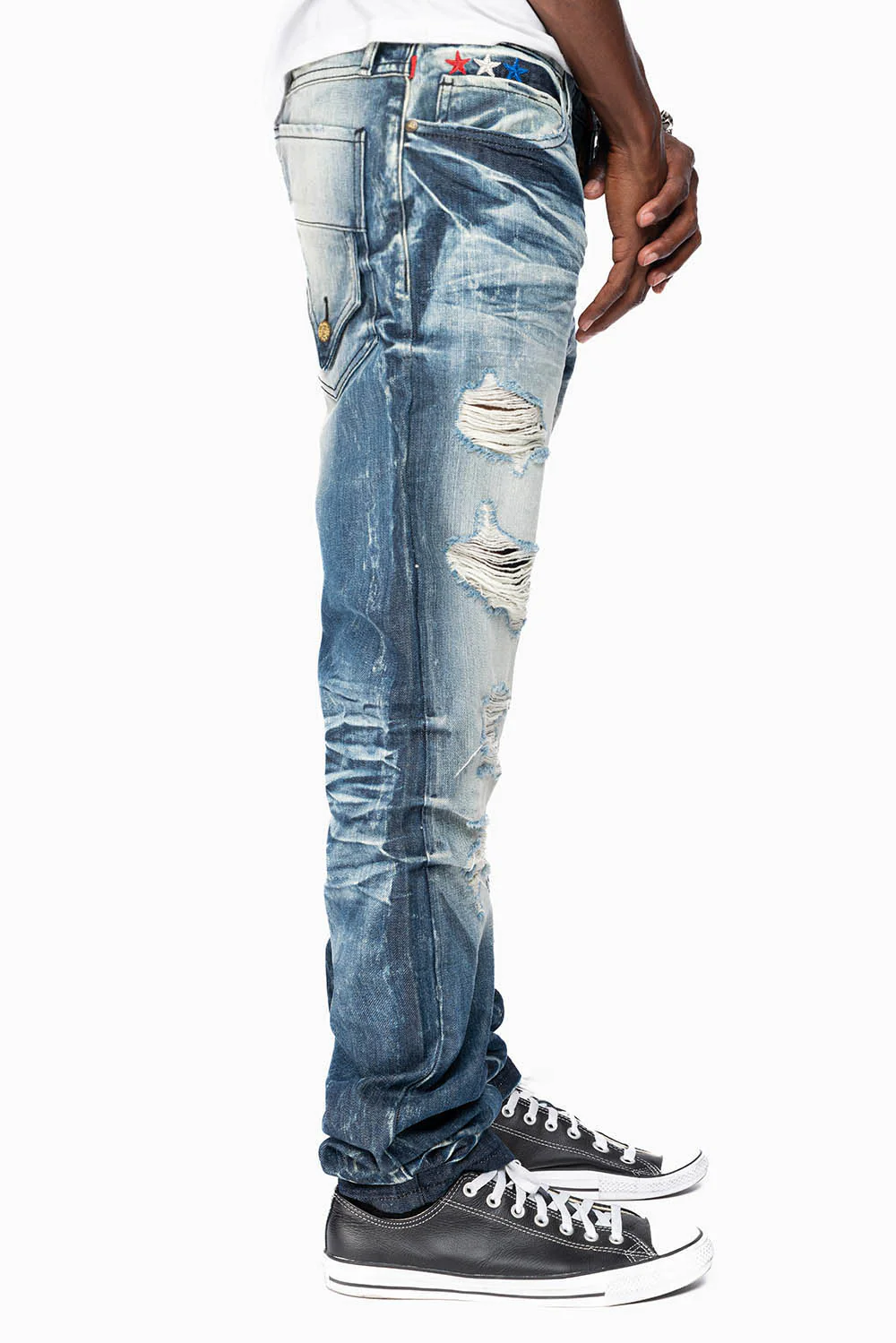 ROBINS RED LABEL LONG FLAP SLIM JEANS IN DARK BLUE BROKEN WASH - Image 3