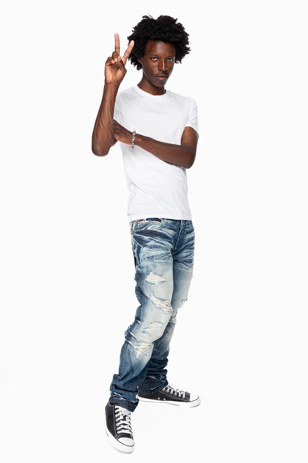 ROBINS RED LABEL LONG FLAP SLIM JEANS IN DARK BLUE BROKEN WASH - Image 4