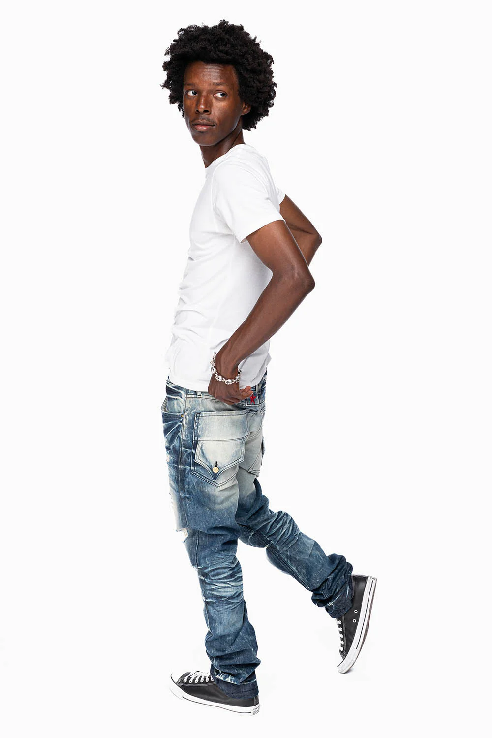 ROBINS RED LABEL LONG FLAP SLIM JEANS IN DARK BLUE BROKEN WASH - Image 6