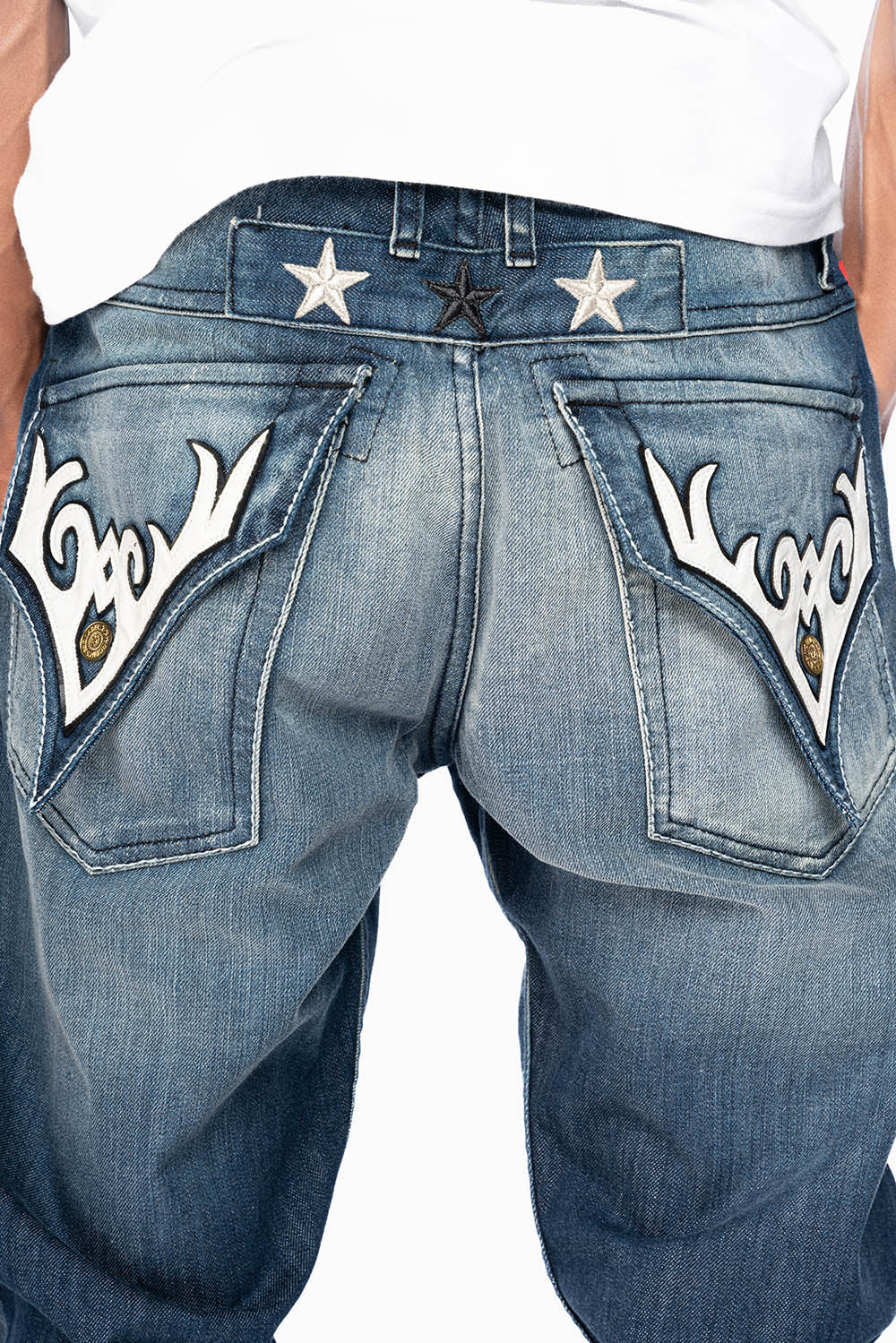 ROBINS RED LABEL LONG FLAP SLIM JEANS IN DARK BLUE BROKEN WASH WITH PATCHES - Image 3