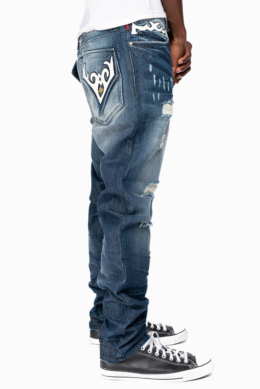 ROBINS RED LABEL LONG FLAP SLIM JEANS IN DARK BLUE BROKEN WASH WITH PATCHES - Image 4