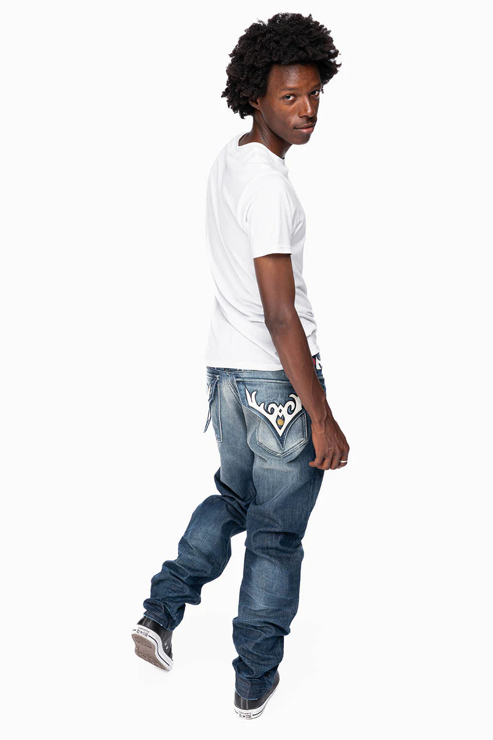 ROBINS RED LABEL LONG FLAP SLIM JEANS IN DARK BLUE BROKEN WASH WITH PATCHES - Image 5
