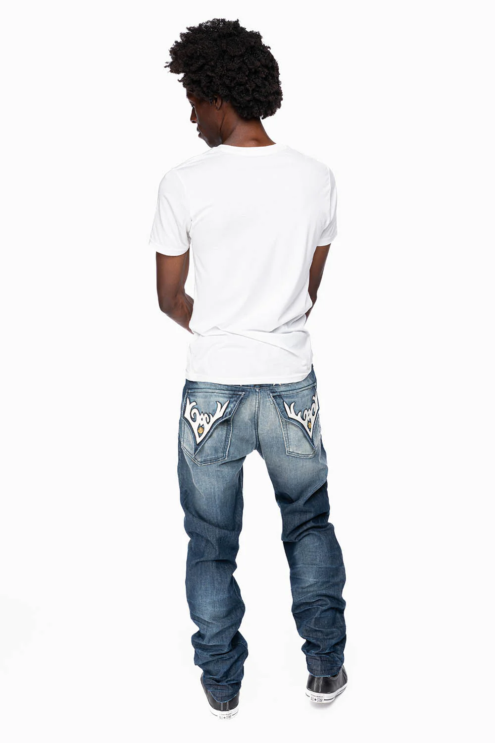 ROBINS RED LABEL LONG FLAP SLIM JEANS IN DARK BLUE BROKEN WASH WITH PATCHES - Image 6