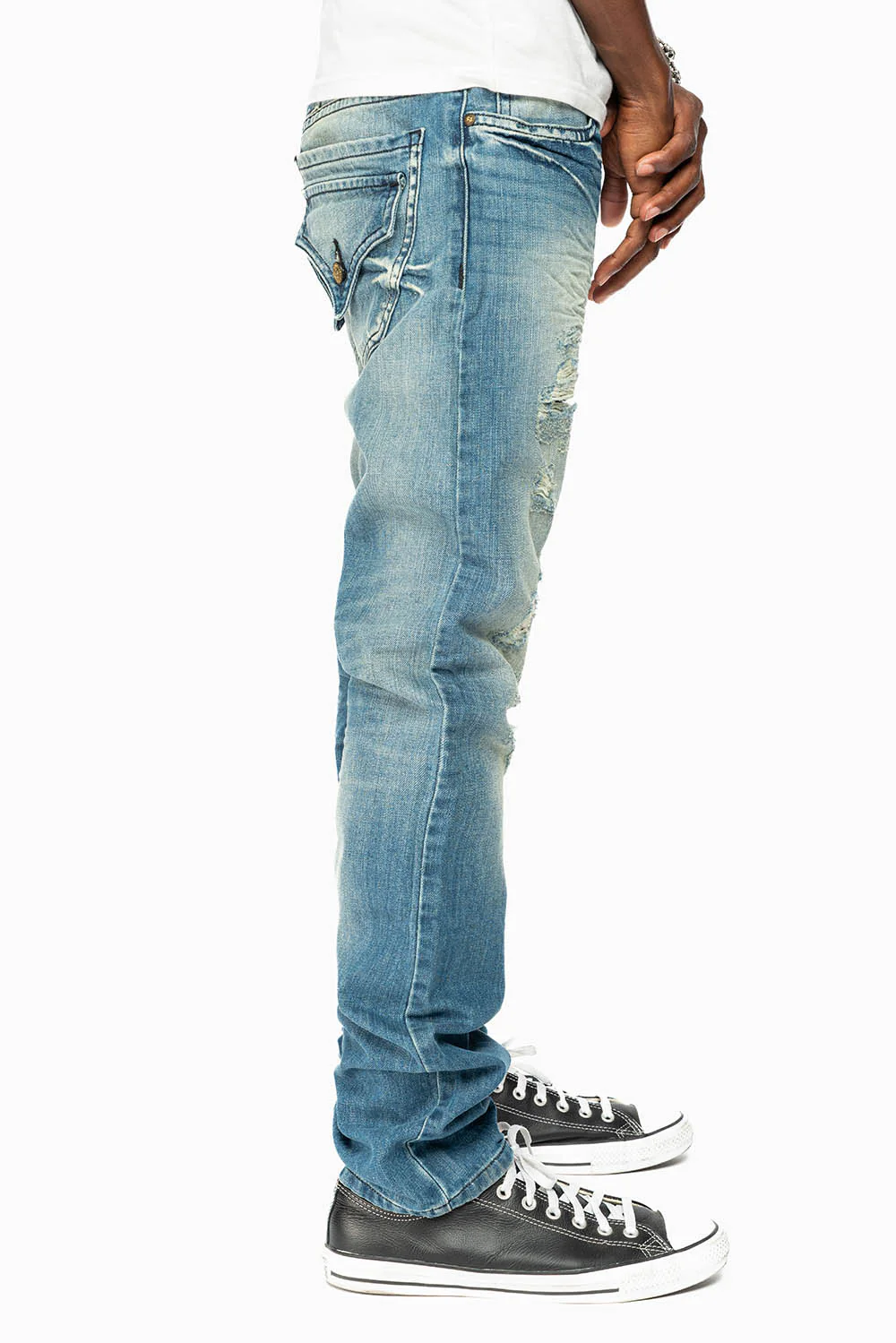 ROBINS RED LABEL LONG FLAP SLIM JEANS IN MEDIUM BLUE BROKEN WASH - Image 3