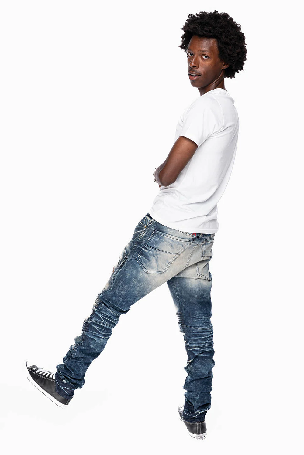 ROBINS RED LABEL MILITARY INSPIRED BIKER JEANS IN DARK BLUE BROKEN WASH - Image 6