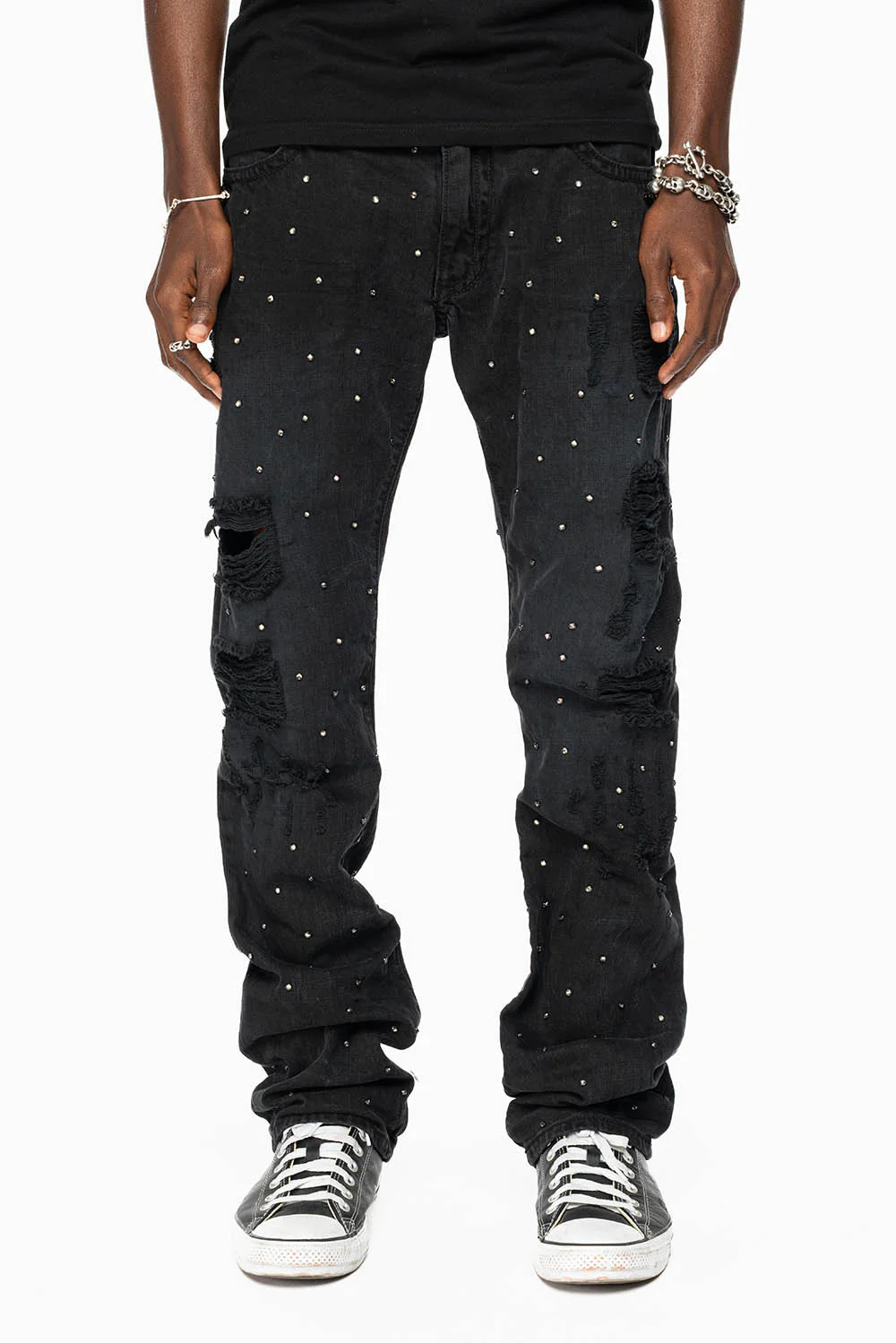 ROBIN'S STRAIGHT LEG JEANS IN VINTAGE BLACK BROKEN WASH  EMBELLISHED  ALLOVER WITH CRYSTALS