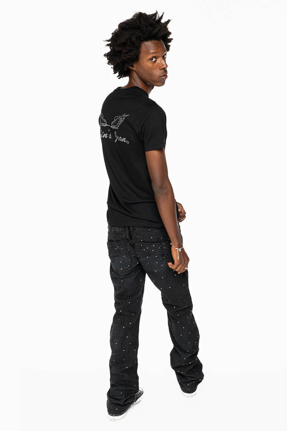 ROBIN'S STRAIGHT LEG JEANS IN VINTAGE BLACK BROKEN WASH  EMBELLISHED  ALLOVER WITH CRYSTALS - Image 6