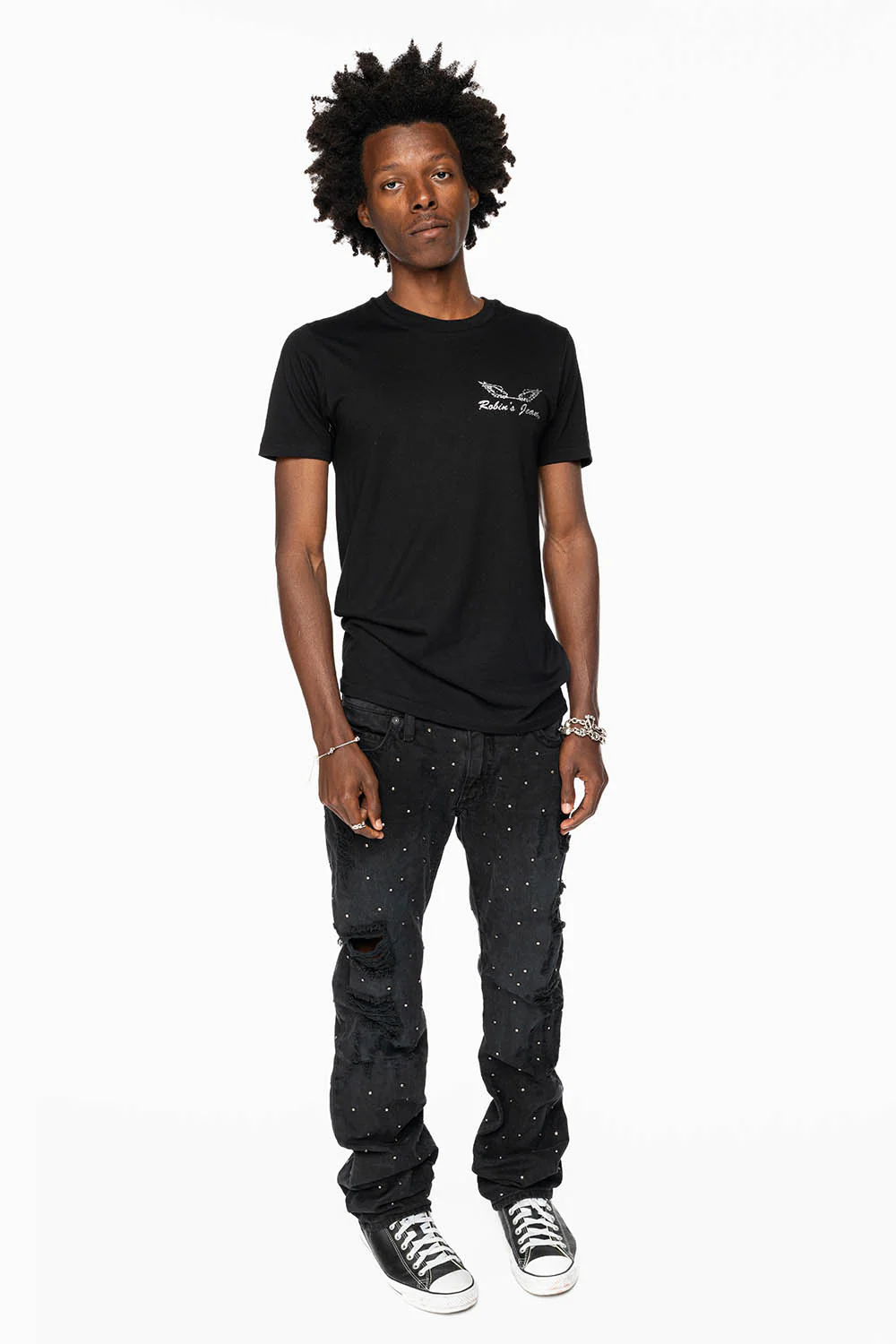 ROBIN'S STRAIGHT LEG JEANS IN VINTAGE BLACK BROKEN WASH  EMBELLISHED  ALLOVER WITH CRYSTALS - Image 8