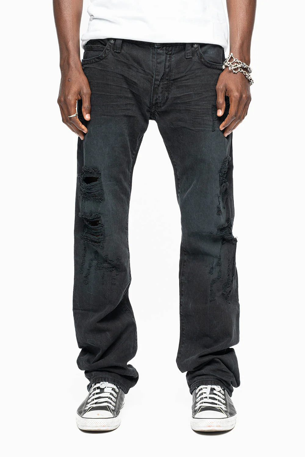 ROBIN'S STRAIGHT LEG JEANS IN VINTAGE BLACK BROKEN WASH WITH FULL EMBELLISHED BACK POCKETS WITH  CRYSTALS - Image 2