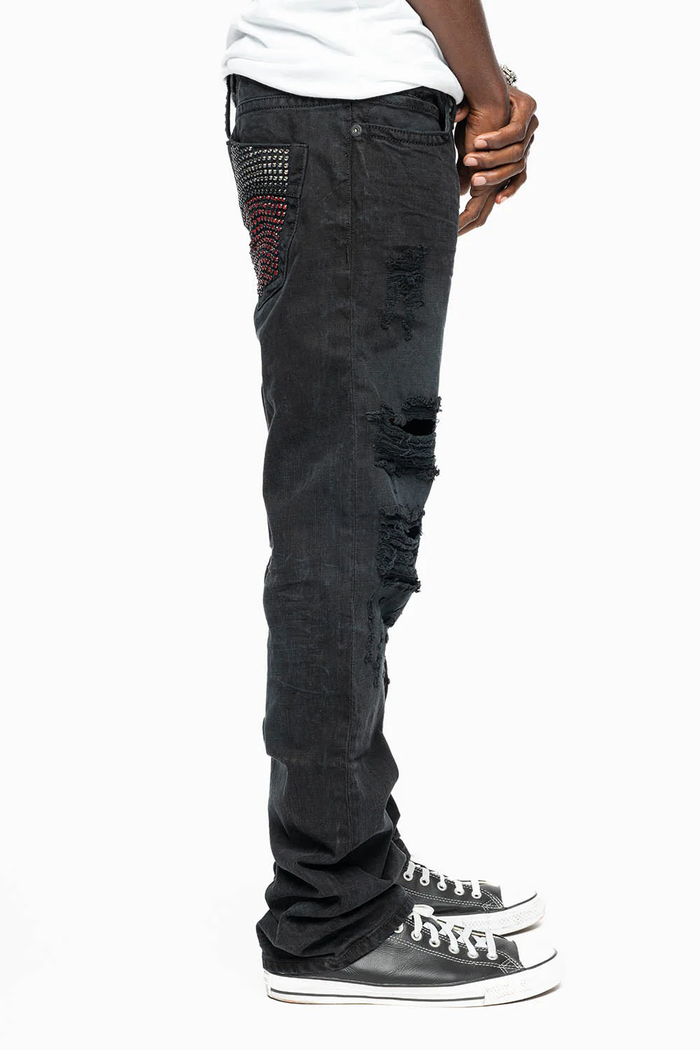 ROBIN'S STRAIGHT LEG JEANS IN VINTAGE BLACK BROKEN WASH WITH FULL EMBELLISHED BACK POCKETS WITH  CRYSTALS - Image 3