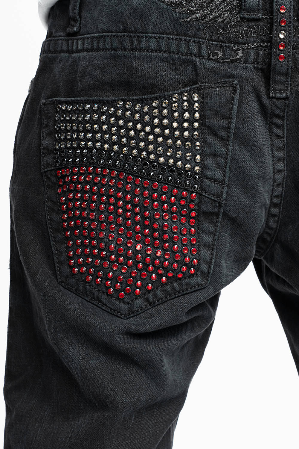 ROBIN'S STRAIGHT LEG JEANS IN VINTAGE BLACK BROKEN WASH WITH FULL EMBELLISHED BACK POCKETS WITH  CRYSTALS - Image 4