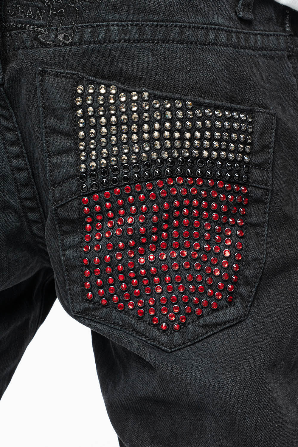 ROBIN'S STRAIGHT LEG JEANS IN VINTAGE BLACK BROKEN WASH WITH FULL EMBELLISHED BACK POCKETS WITH  CRYSTALS - Image 5