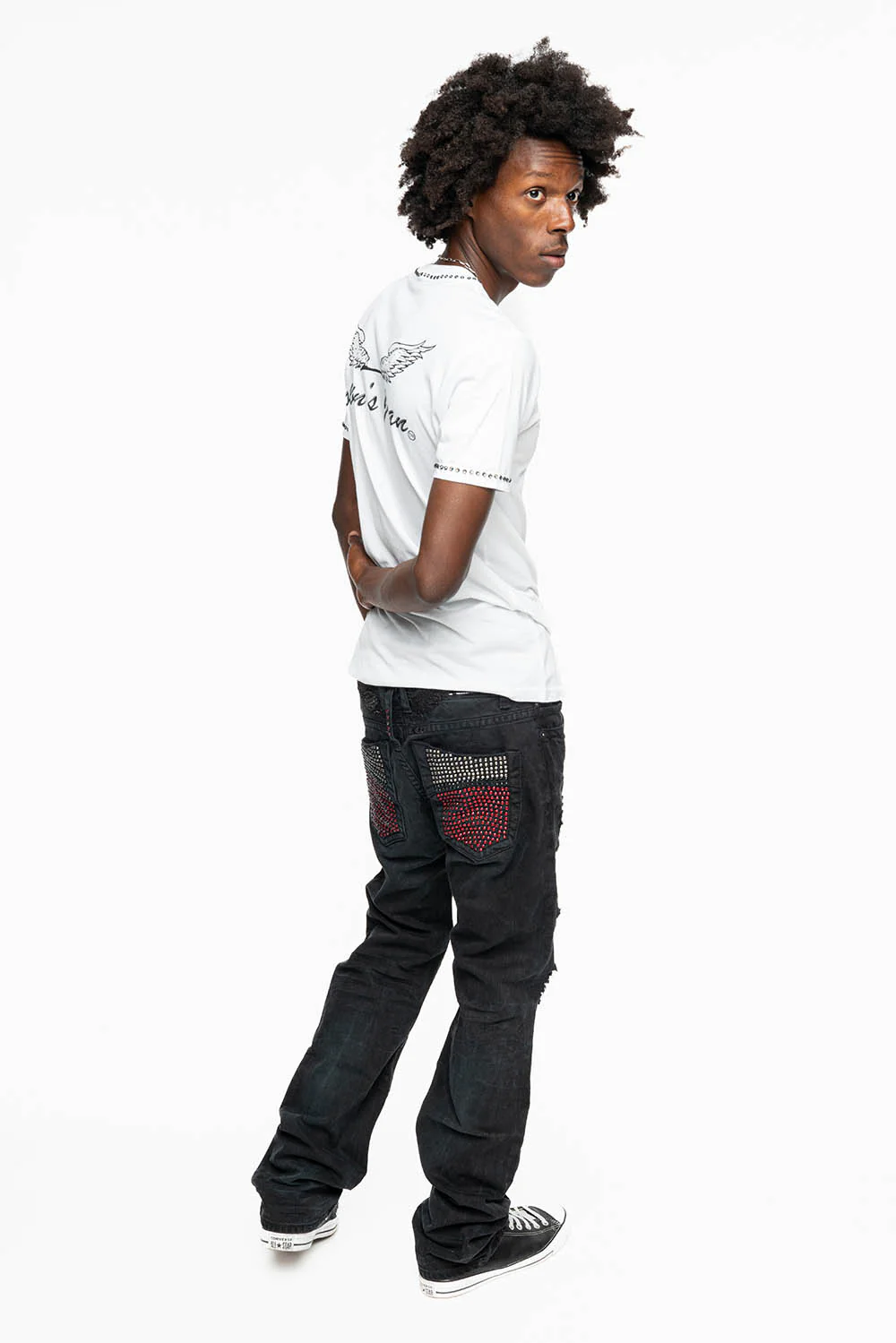 ROBIN'S STRAIGHT LEG JEANS IN VINTAGE BLACK BROKEN WASH WITH FULL EMBELLISHED BACK POCKETS WITH  CRYSTALS - Image 7