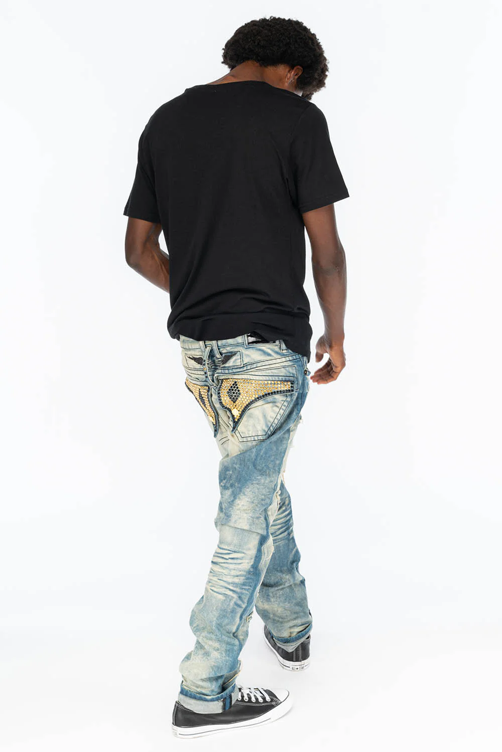 VINTAGE RIPPED,DISTRESSED & REPAIRED JEANS WITH BACK POCKET CRYSTALS IN OMAHA WASH - Image 8