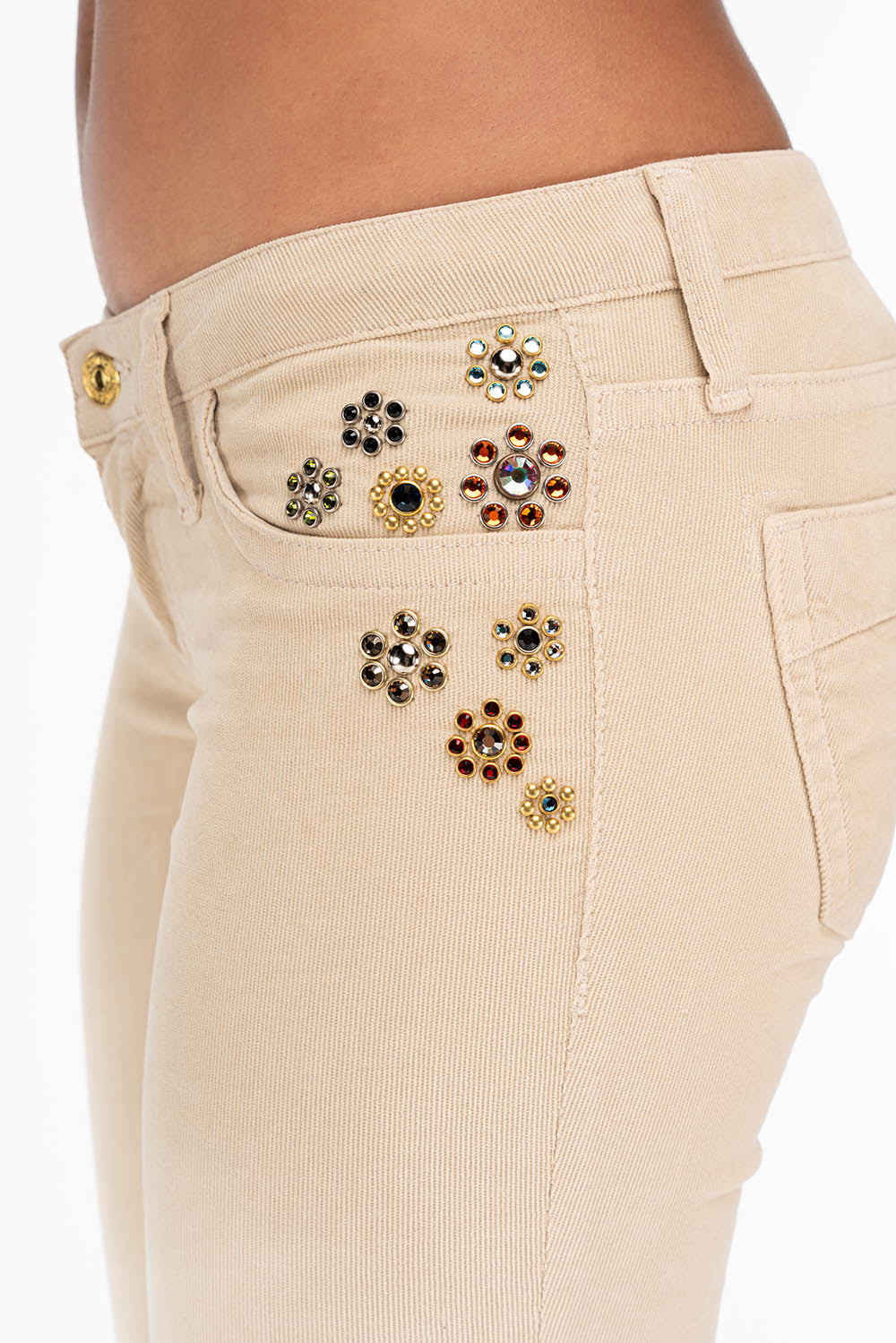 CRYSTAL FLOWER BOOT CUT BABY CORDS IN BEIGE - Image 4